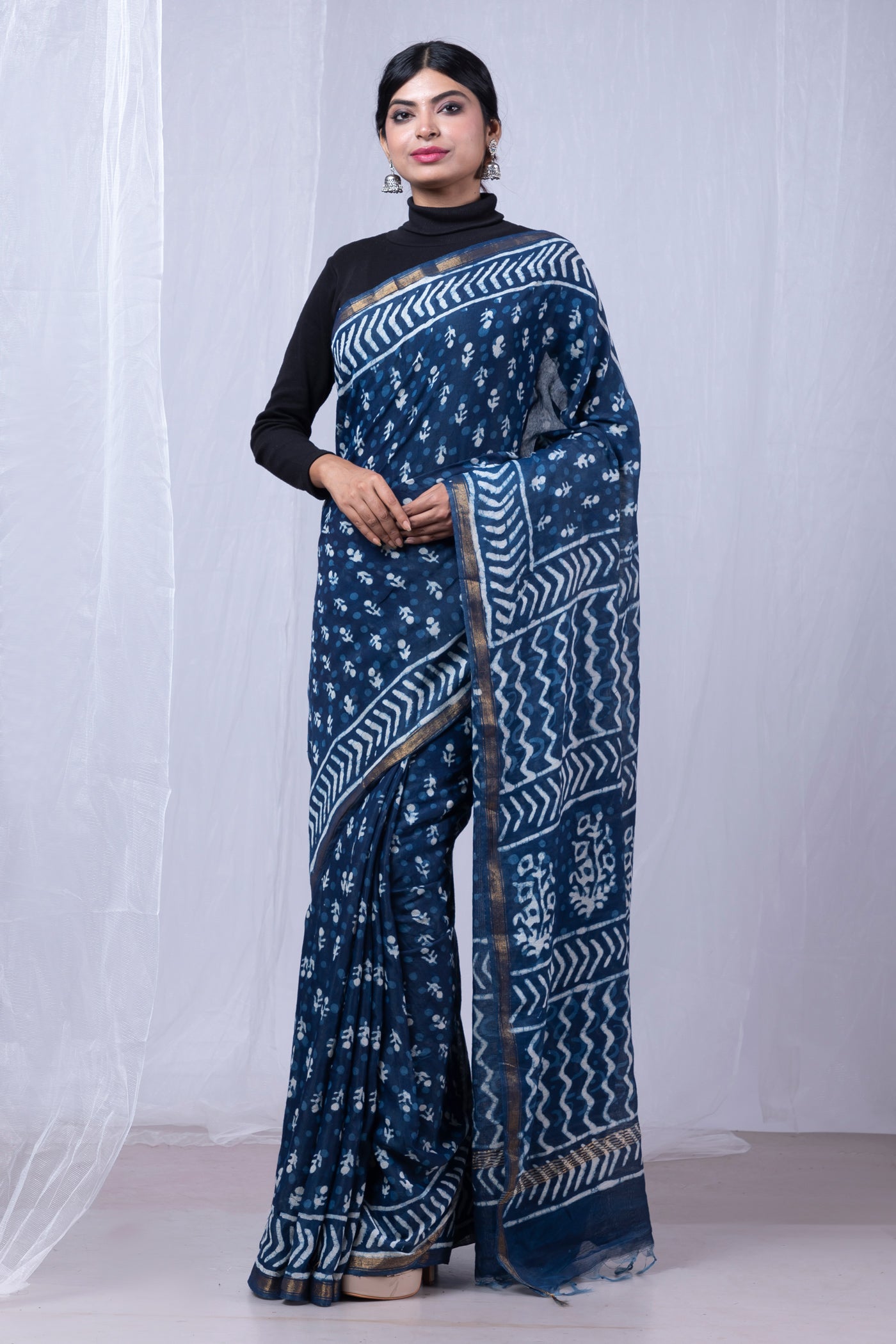 Indigo Blue Pure  Pashmina Block Printed Chanderi Sico Saree