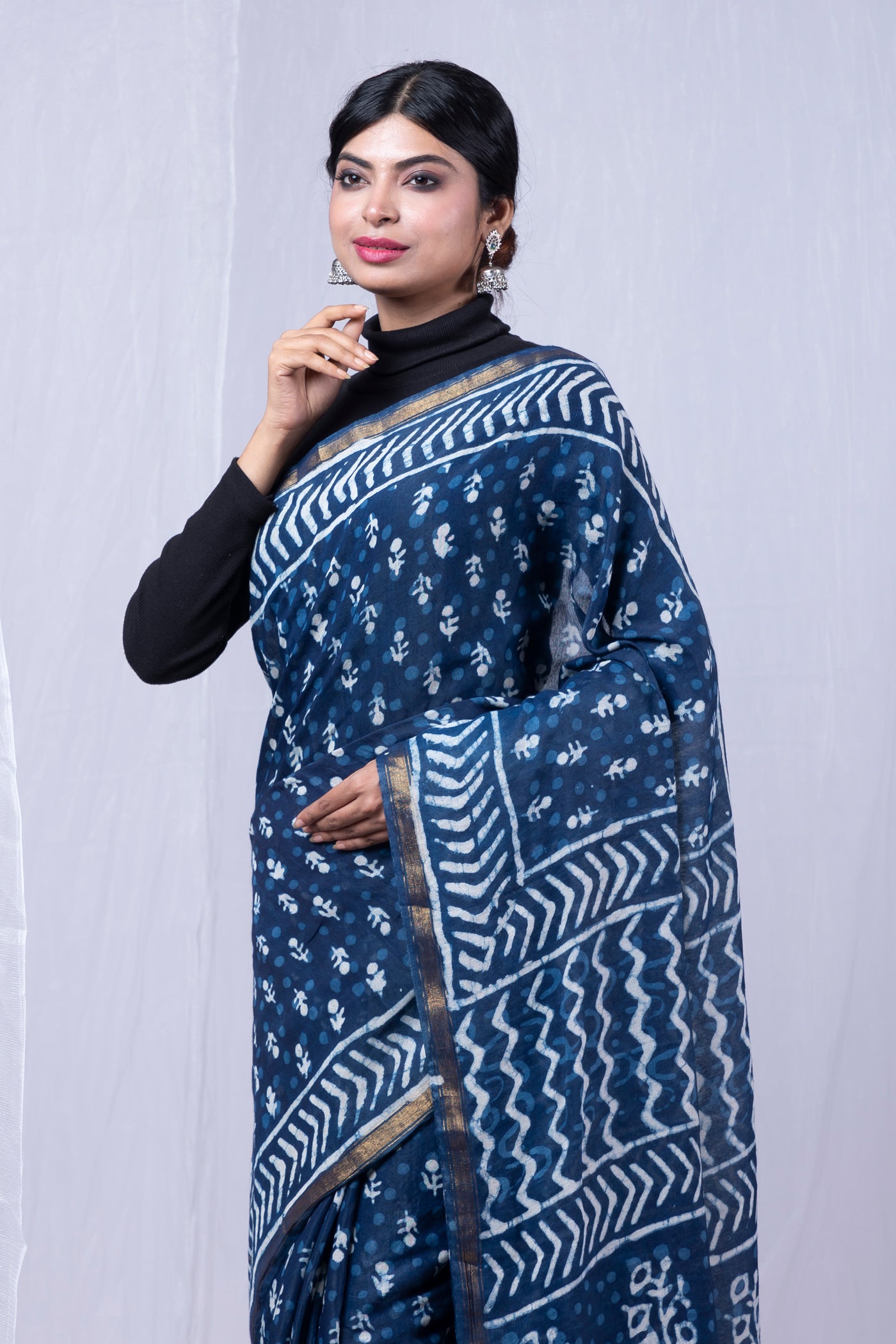 Indigo Blue Pure  Pashmina Block Printed Chanderi Sico Saree