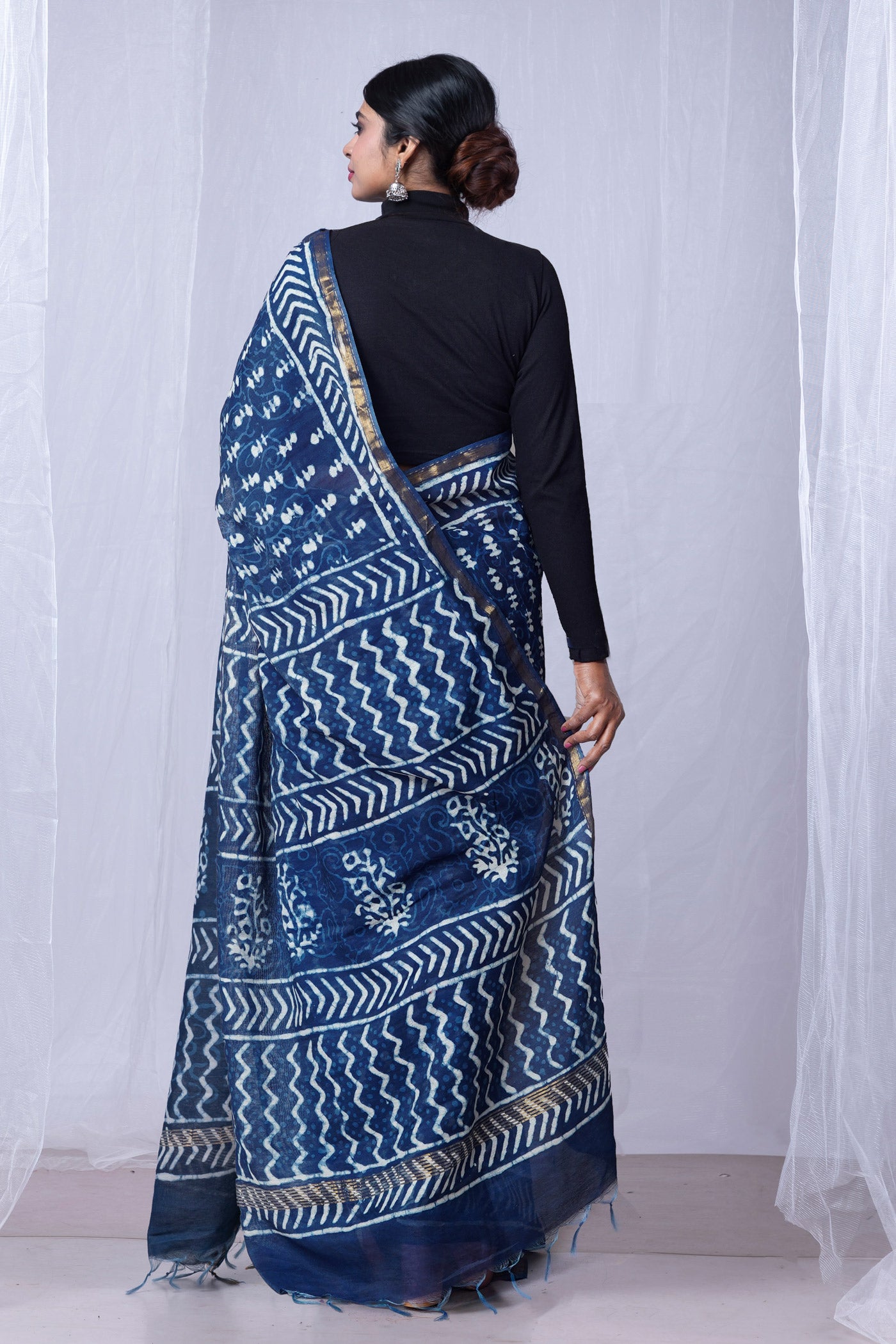 Indigo Blue Pure  Pashmina Block Printed Chanderi Sico Saree