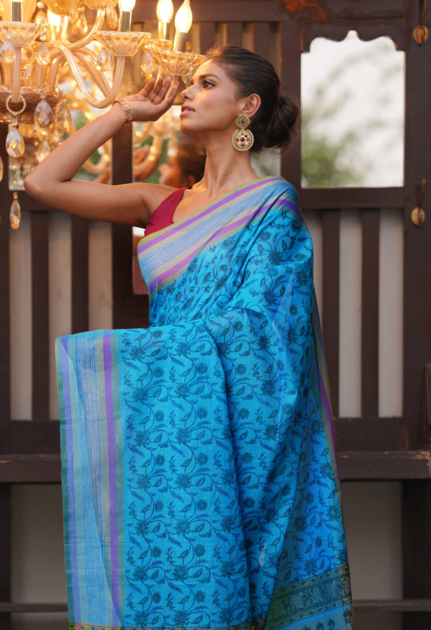 Blue Pure  Block Printed Mangalgiri Cotton Saree