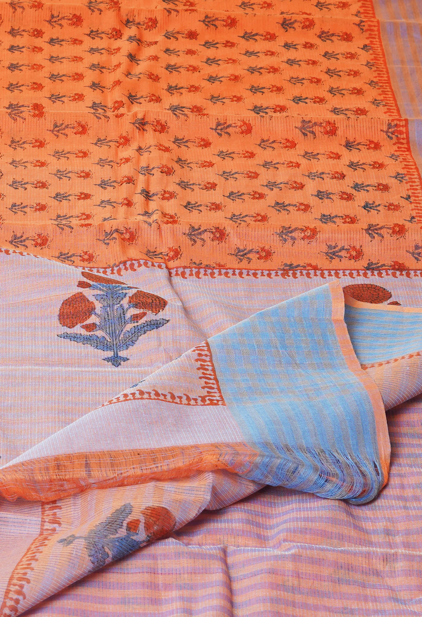 Orange Pure  Block Printed Mangalgiri Cotton Saree
