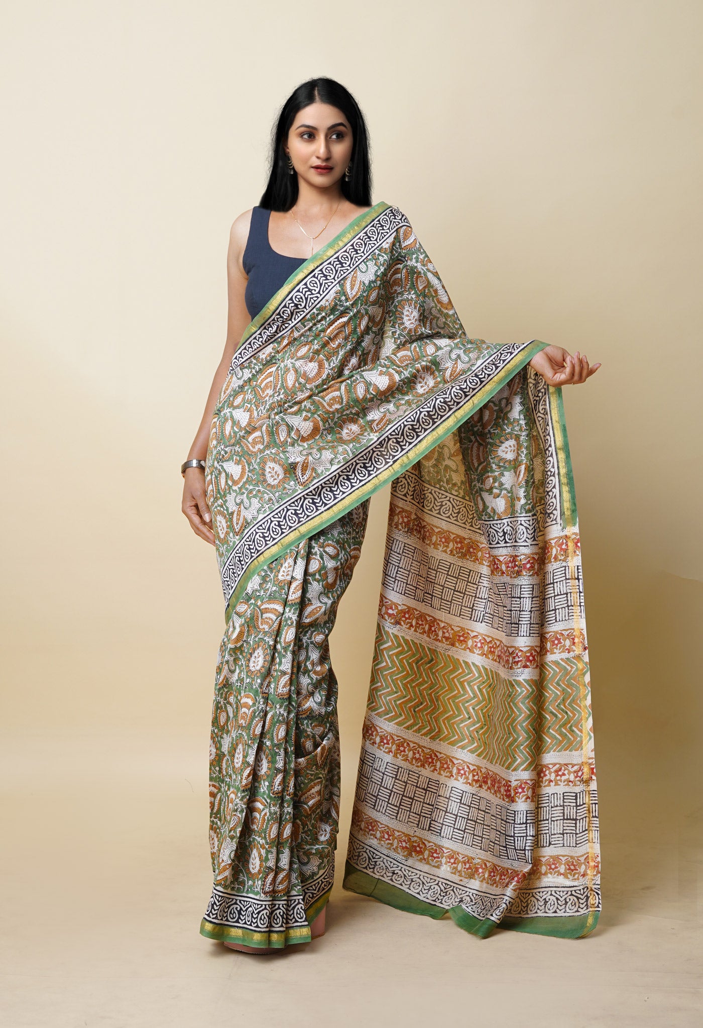 Green Pure  Block Printed Chanderi Sico Saree