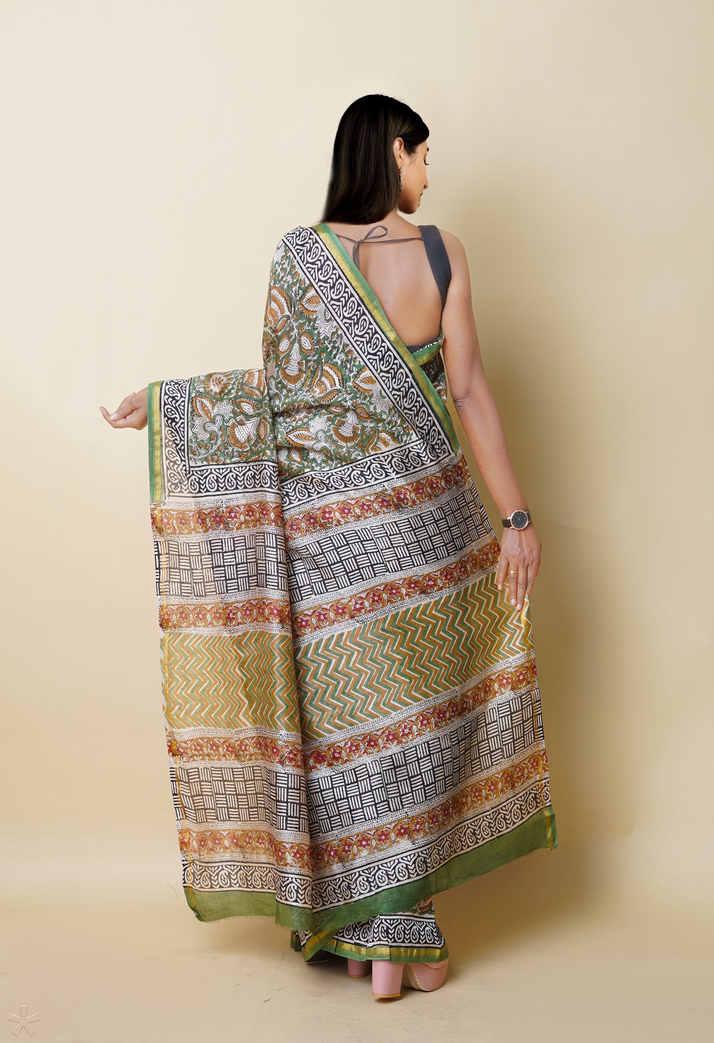 Green Pure  Block Printed Chanderi Sico Saree