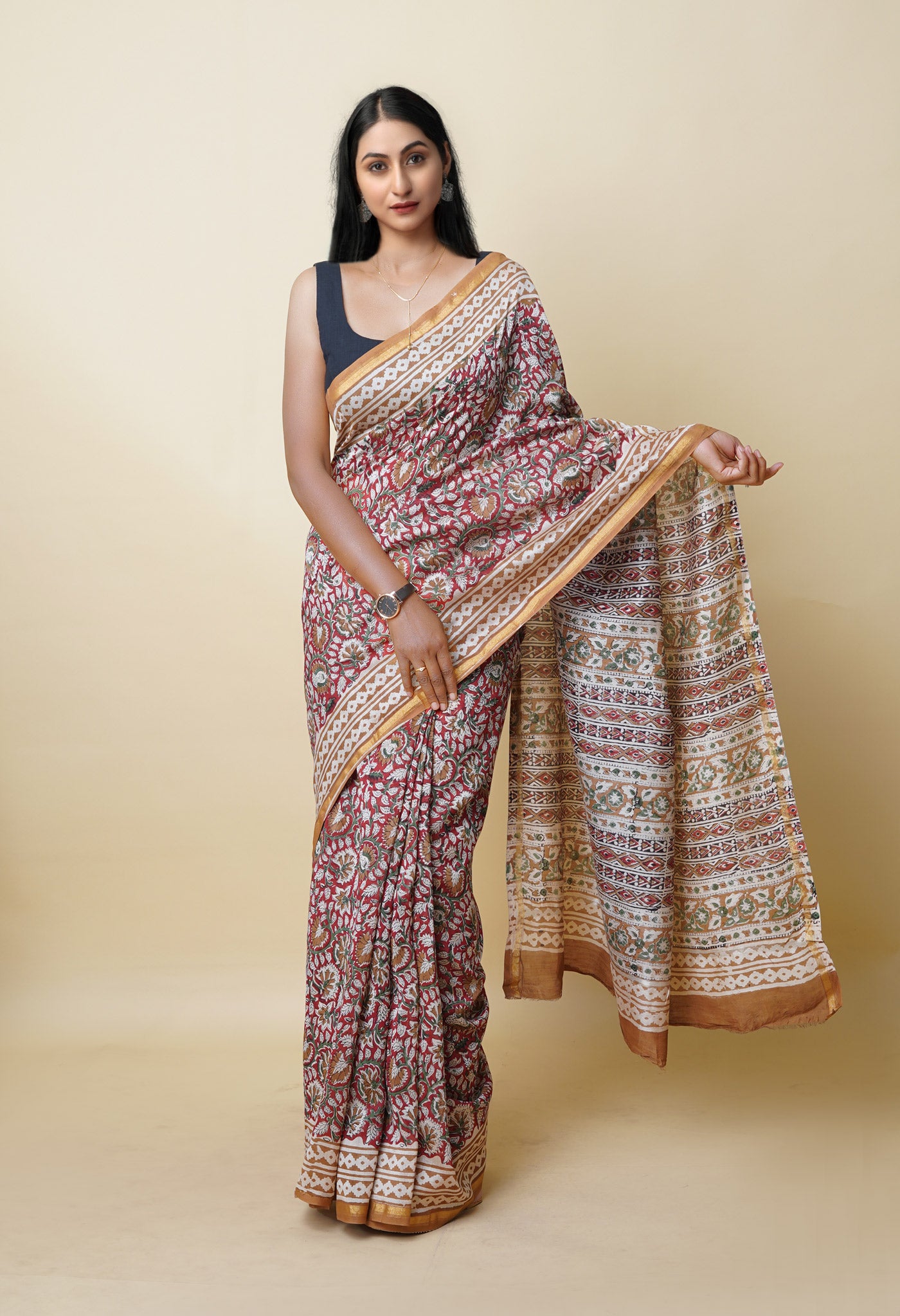 Red Pure  Block Printed Chanderi Sico Saree