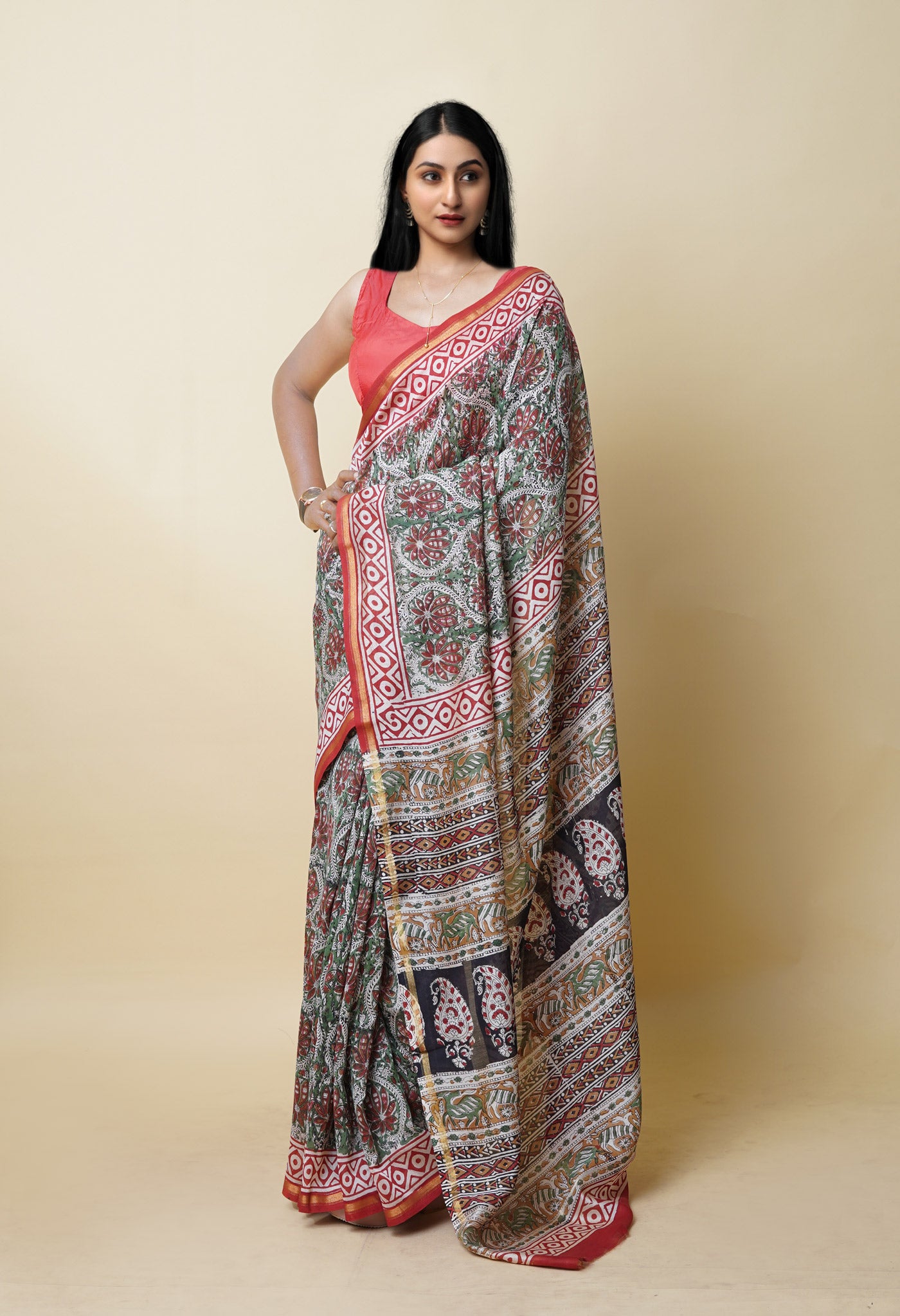 Green Pure  Block Printed Chanderi Sico Saree