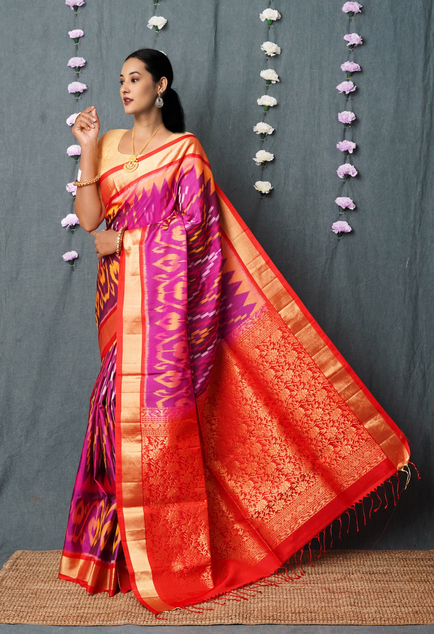 Purple Pure Handloom Ikat Pochampally Pattu Silk Saree