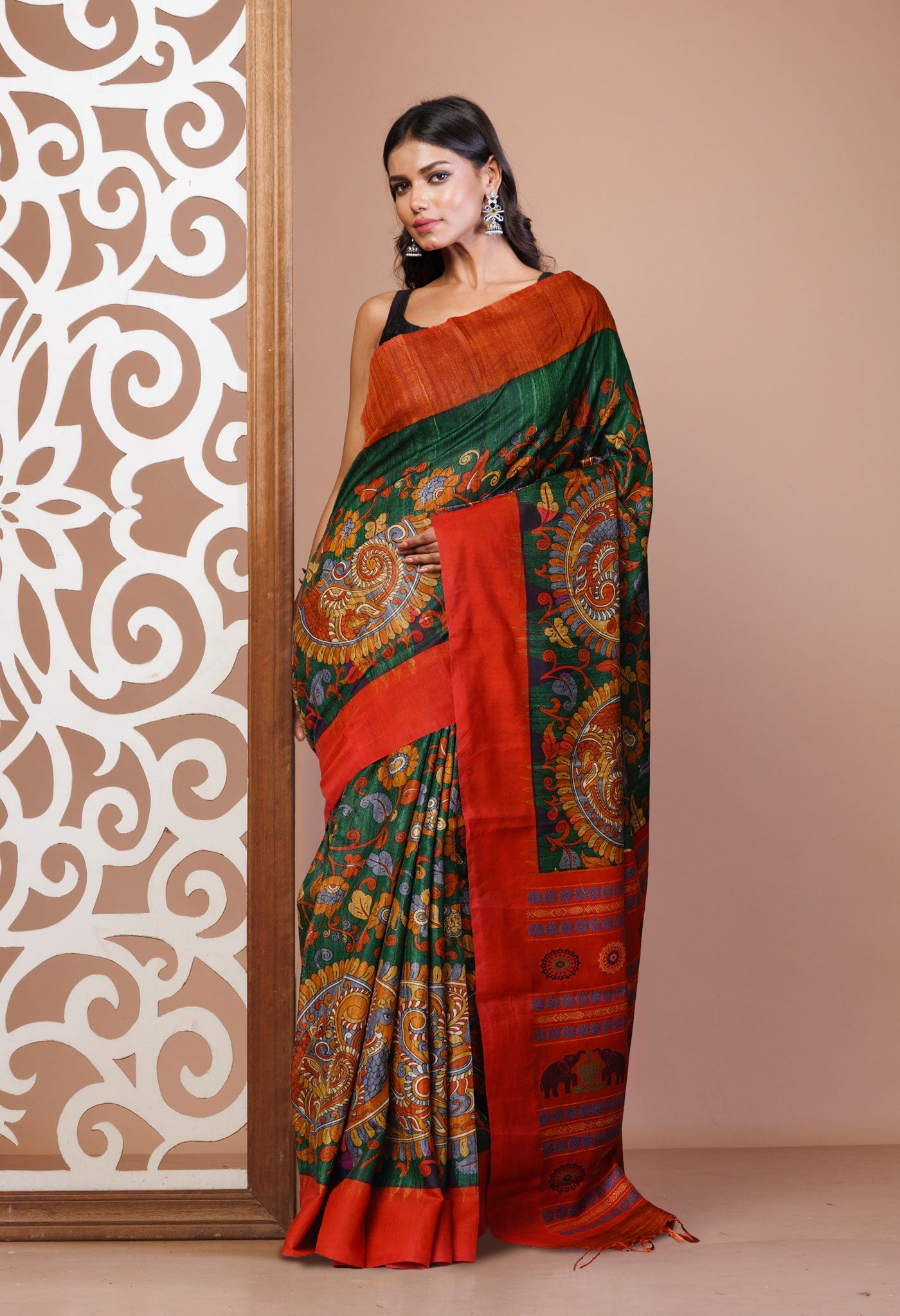 Green Kalamkari Printed On Pure Handloom Tussar Silk Saree-UNM76037