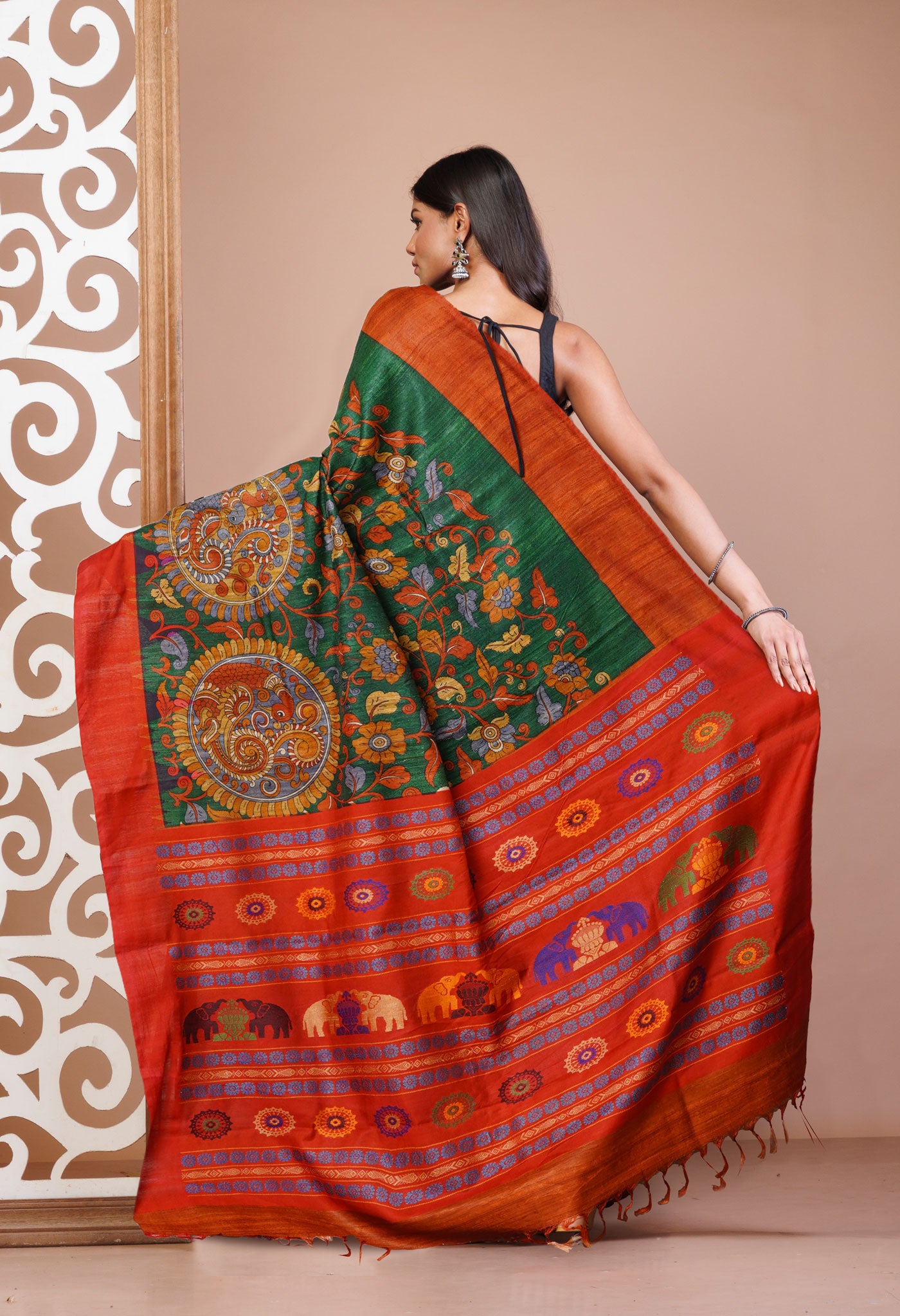 Green Kalamkari Printed On Pure Handloom Tussar Silk Saree-UNM76037