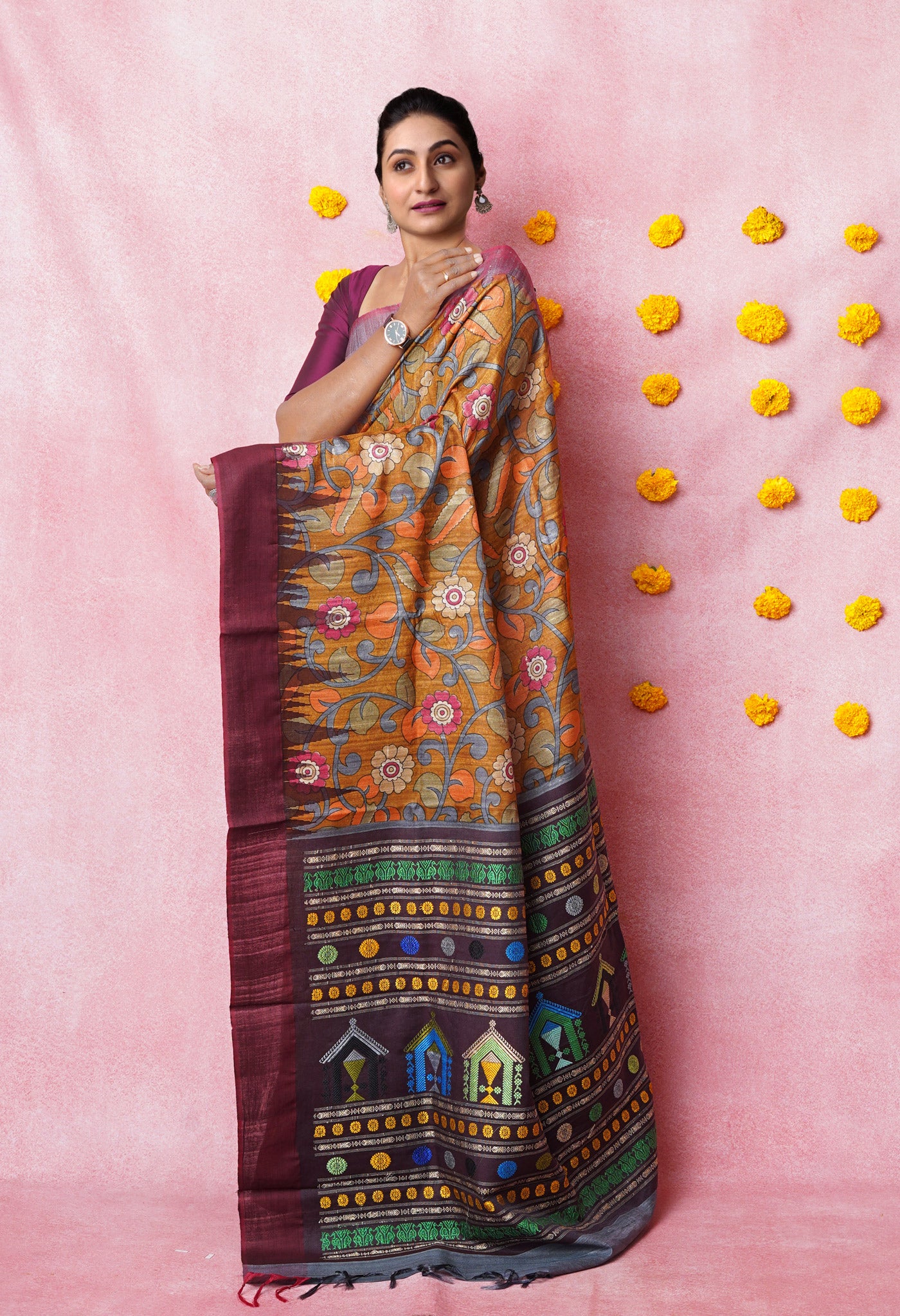 Yellow Kalamkari Printed On Pure Handloom Tussar Silk Saree