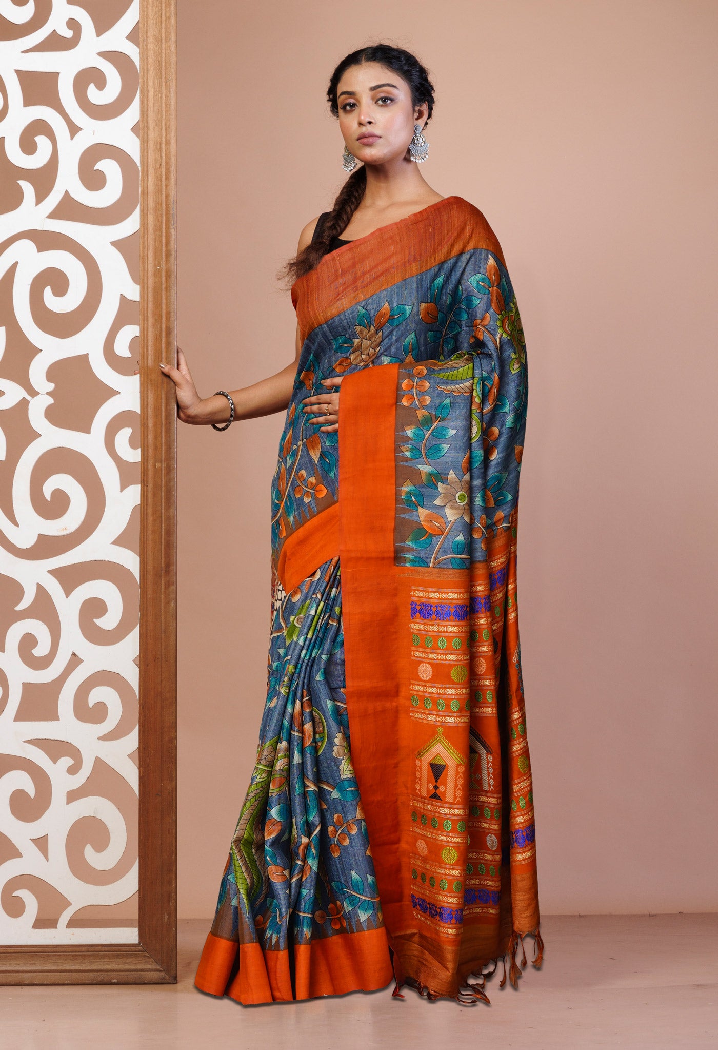 Blue Kalamkari Printed On Pure Handloom Tussar Silk Saree-UNM76039