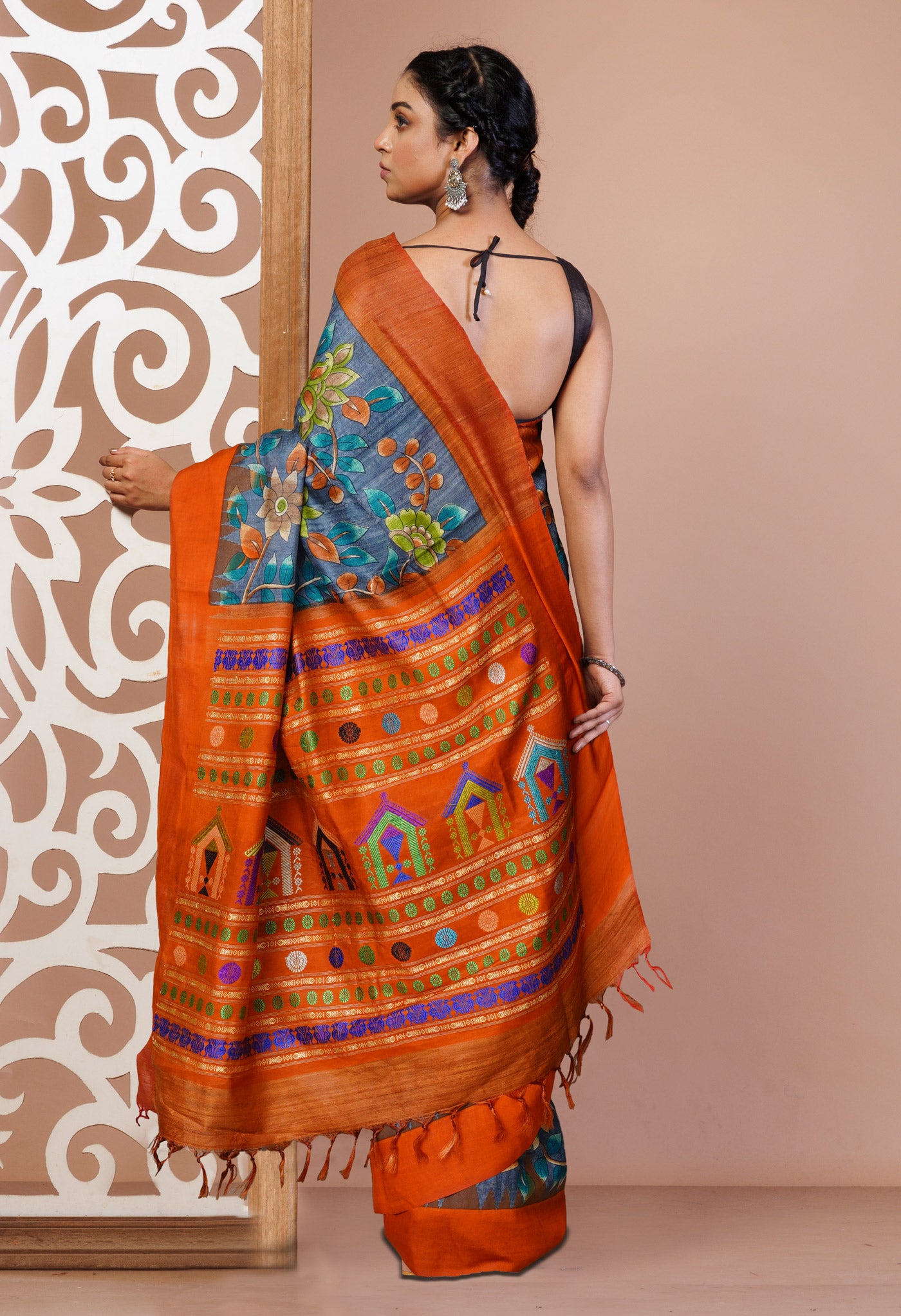 Blue Kalamkari Printed On Pure Handloom Tussar Silk Saree-UNM76039