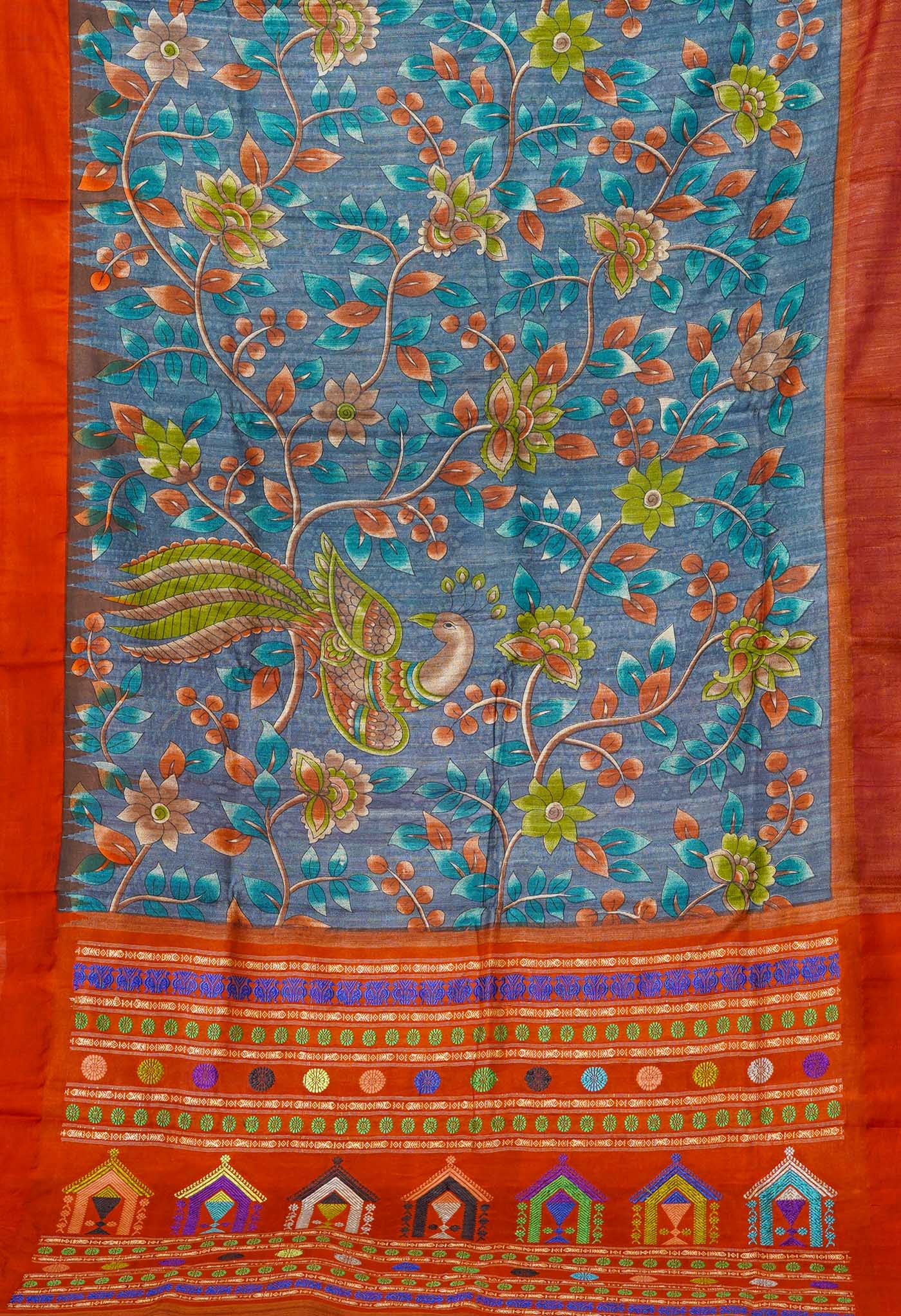 Blue Kalamkari Printed On Pure Handloom Tussar Silk Saree