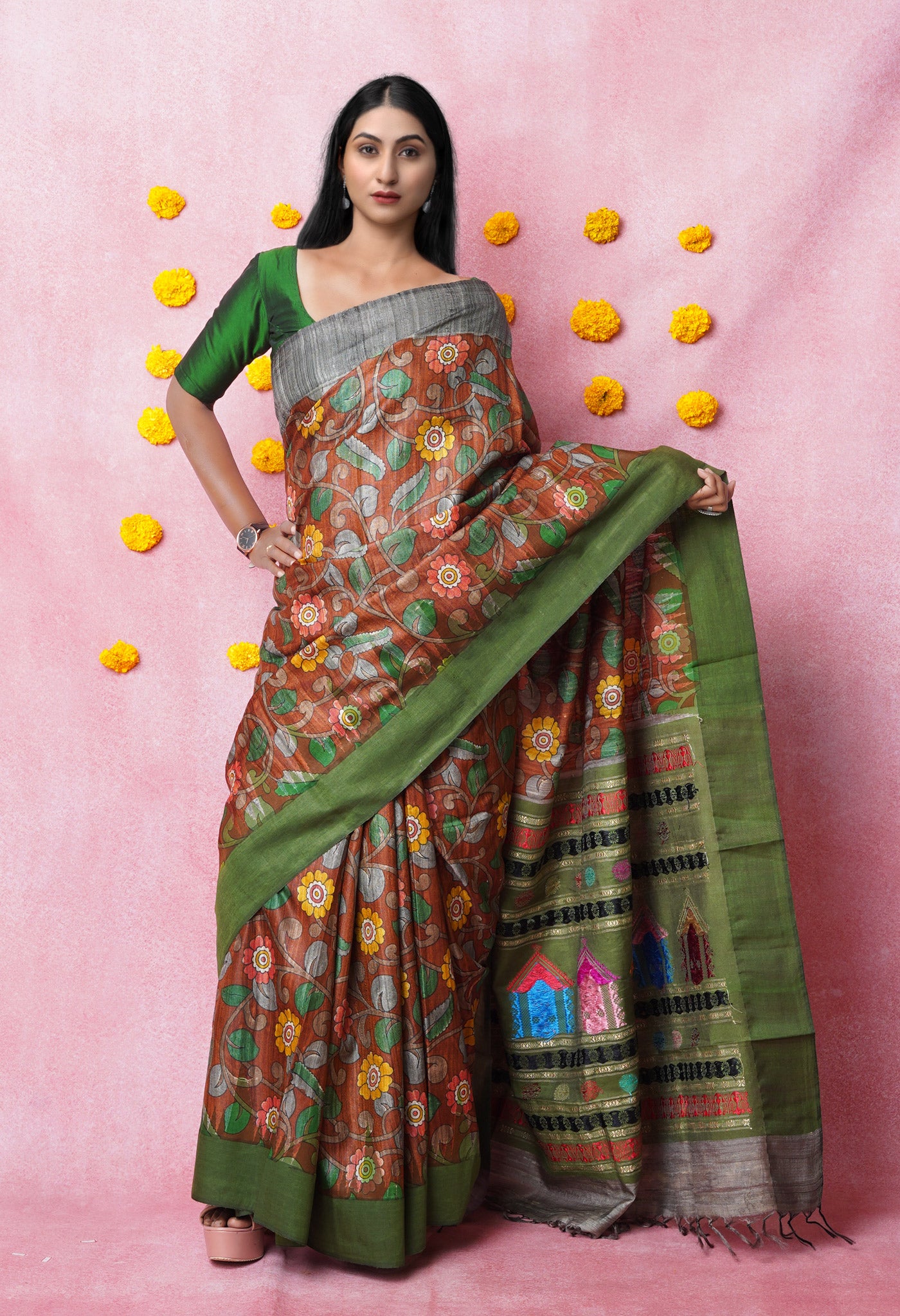 Orange Kalamkari Printed On Pure Handloom Tussar Silk Saree