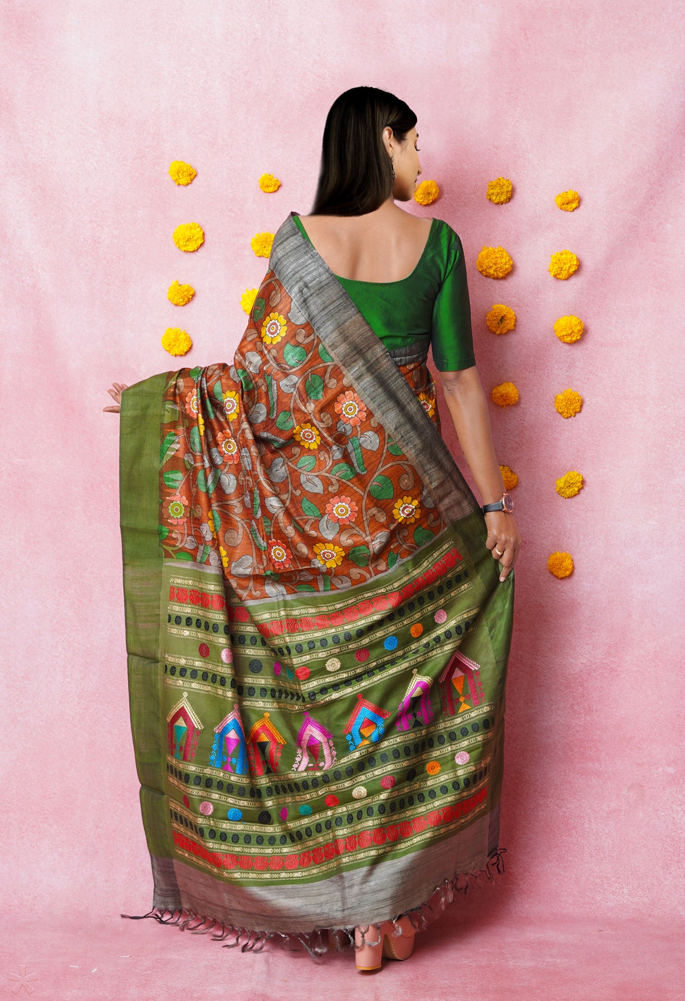 Orange Kalamkari Printed On Pure Handloom Tussar Silk Saree
