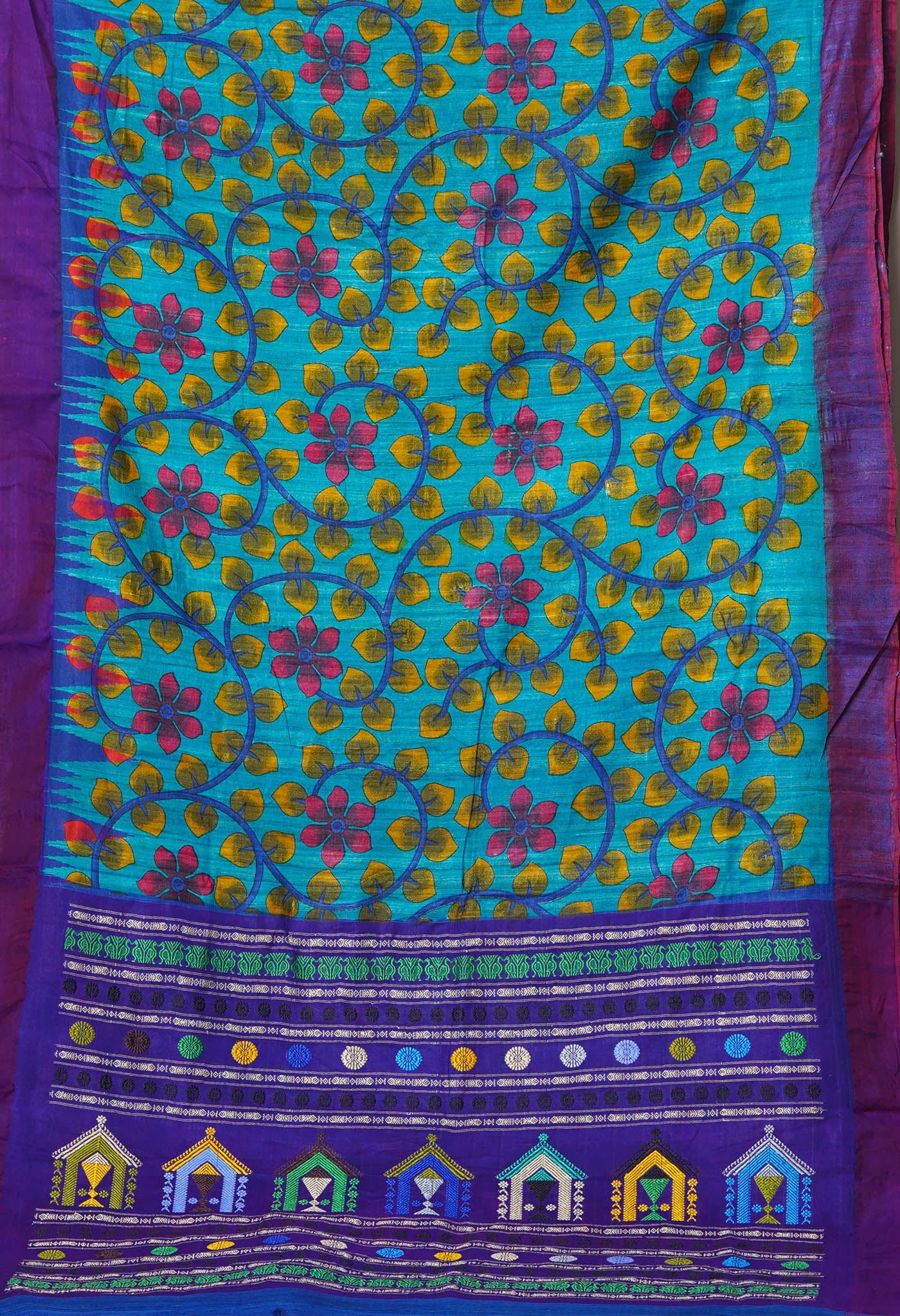 Blue Kalamkari Printed On Pure Handloom Tussar Silk Saree