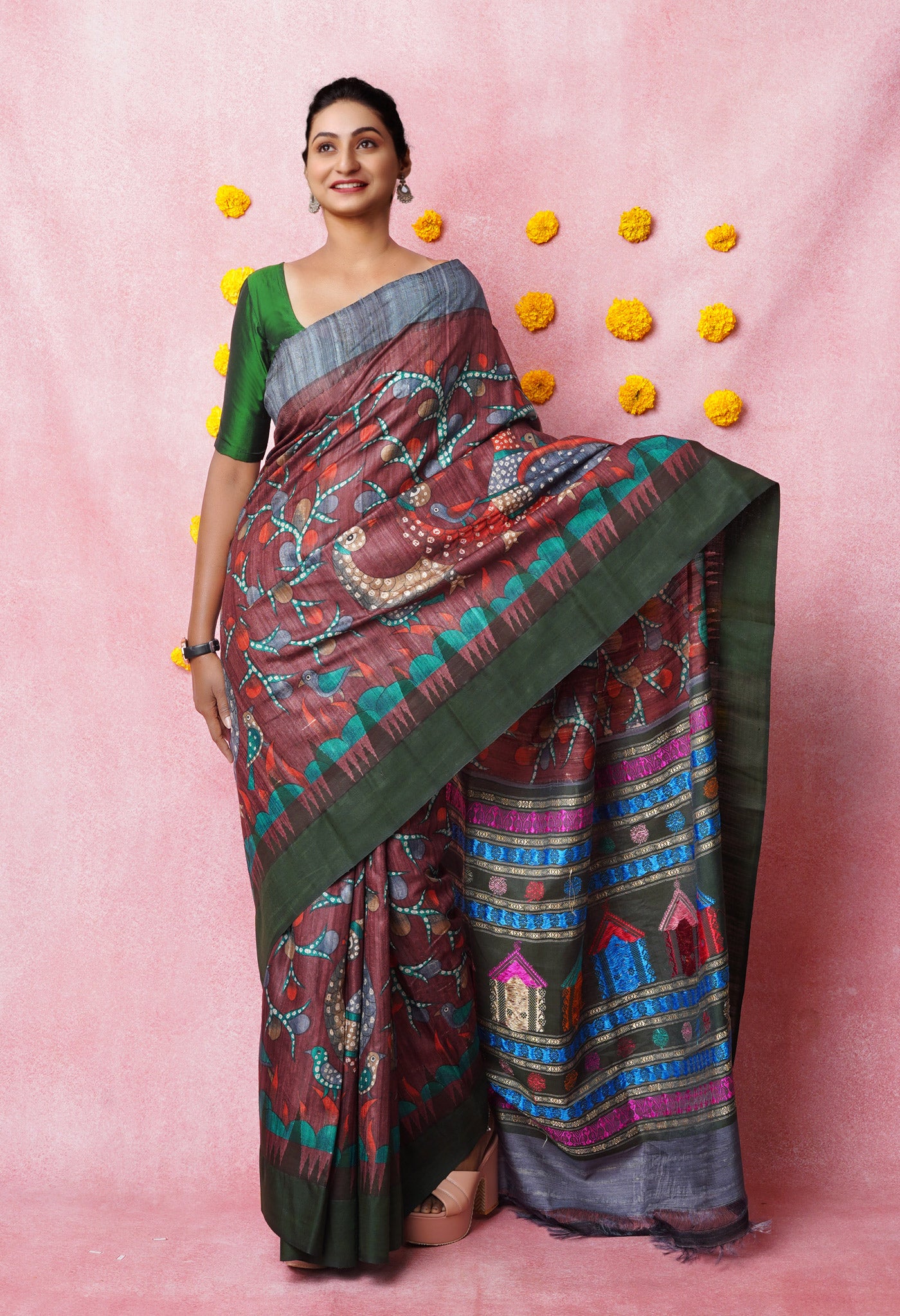 Burgundy Kalamkari Printed On Pure Handloom Tussar Silk Saree