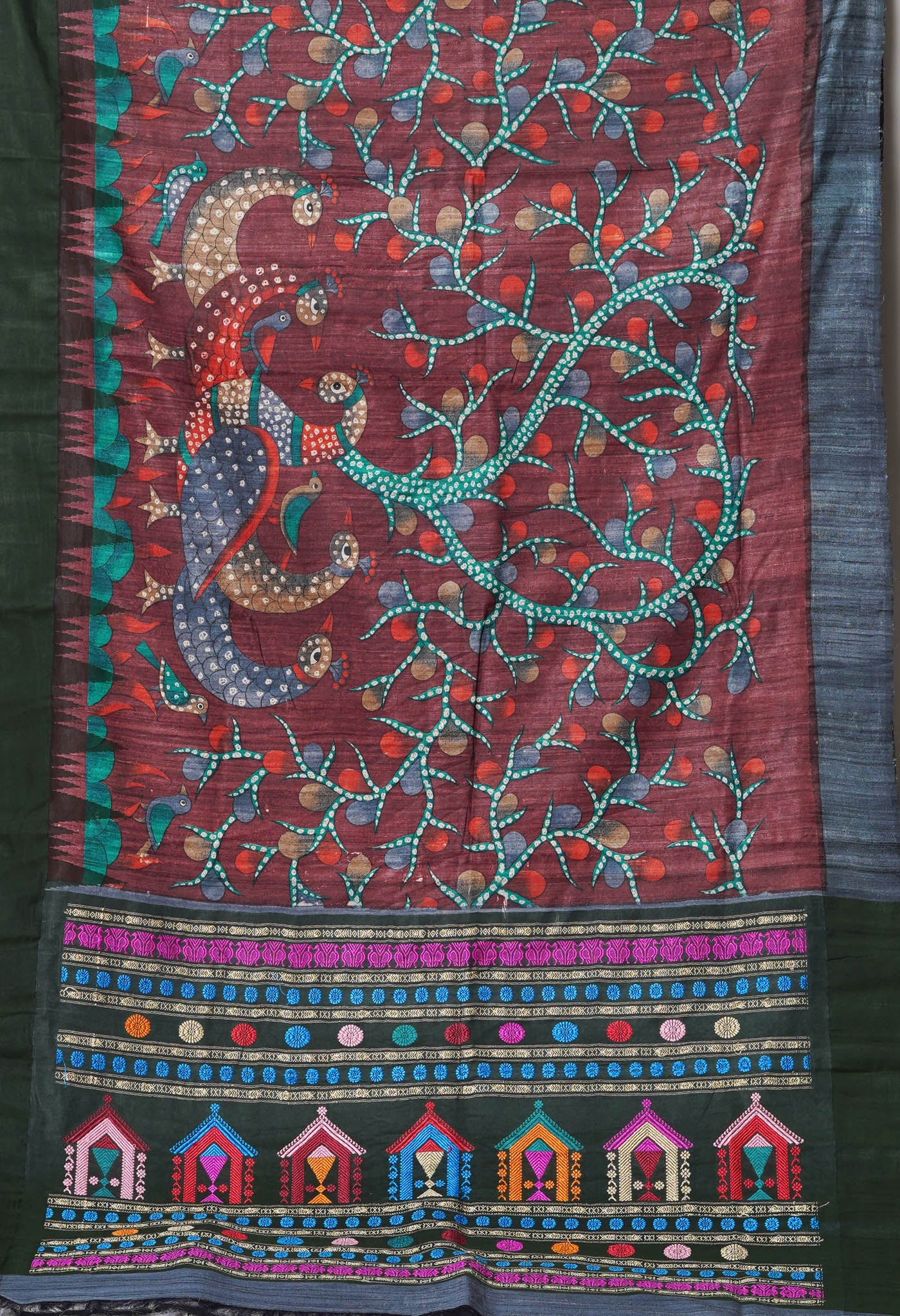 Burgundy Kalamkari Printed On Pure Handloom Tussar Silk Saree