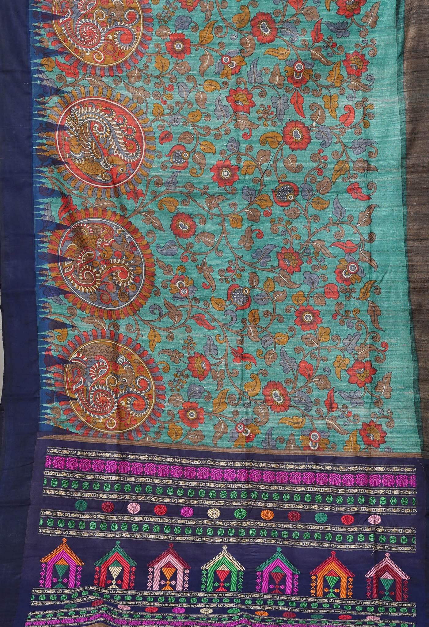 Green Kalamkari Printed On Pure Handloom Tussar Silk Saree