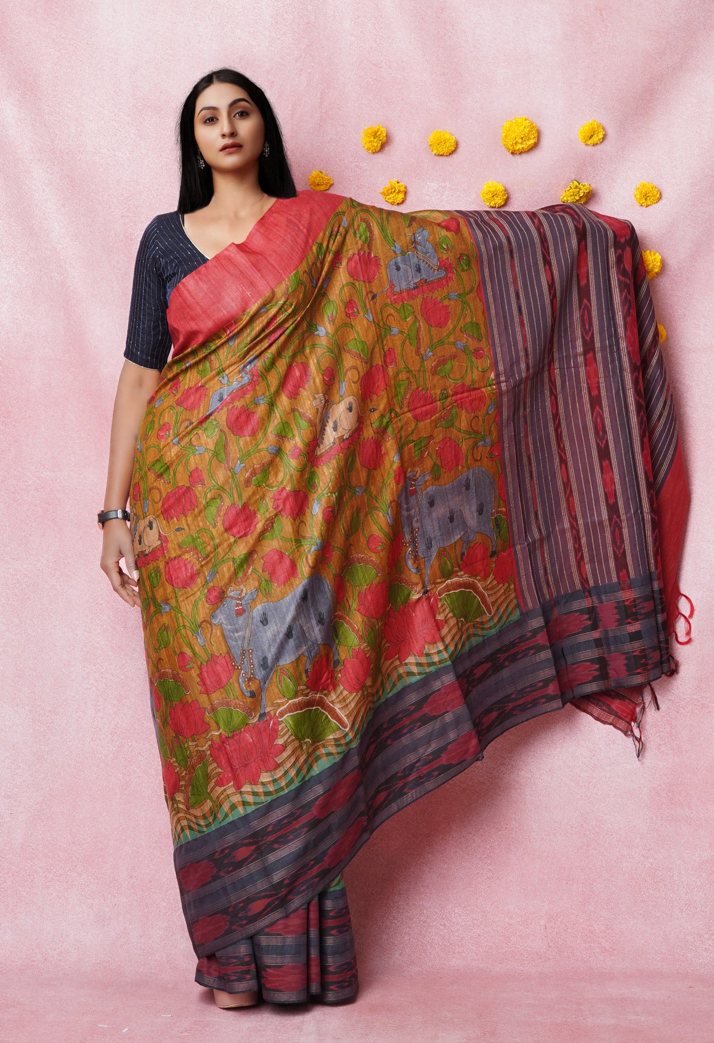 Brown Kalamkari Printed On Pure Handloom Tussar Silk Saree