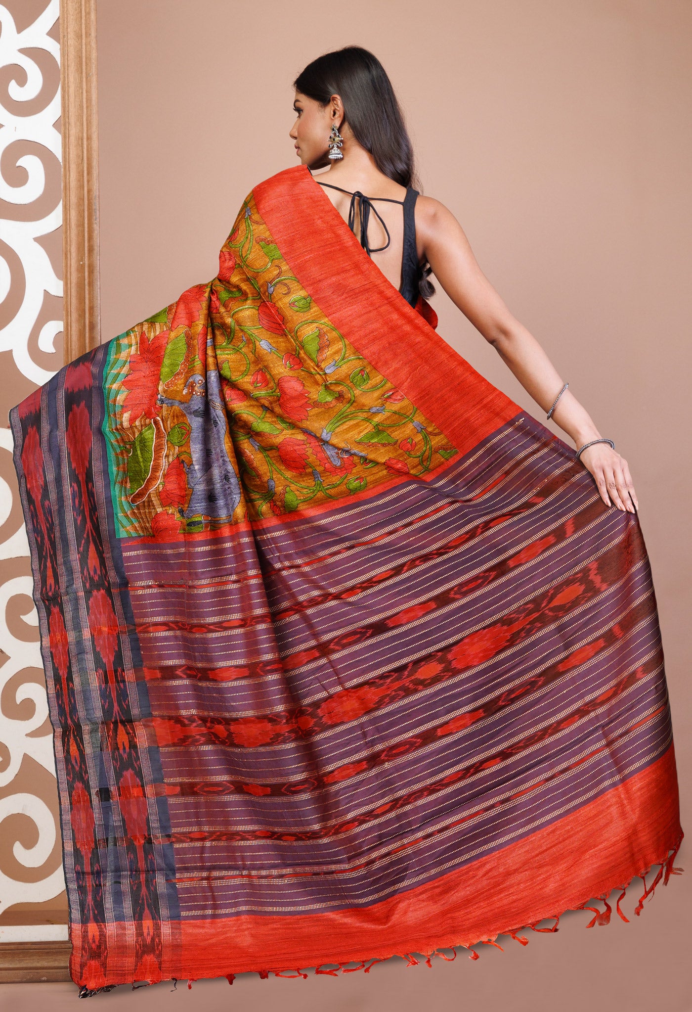 Brown Kalamkari Printed On Pure Handloom Tussar Silk Saree-UNM76047