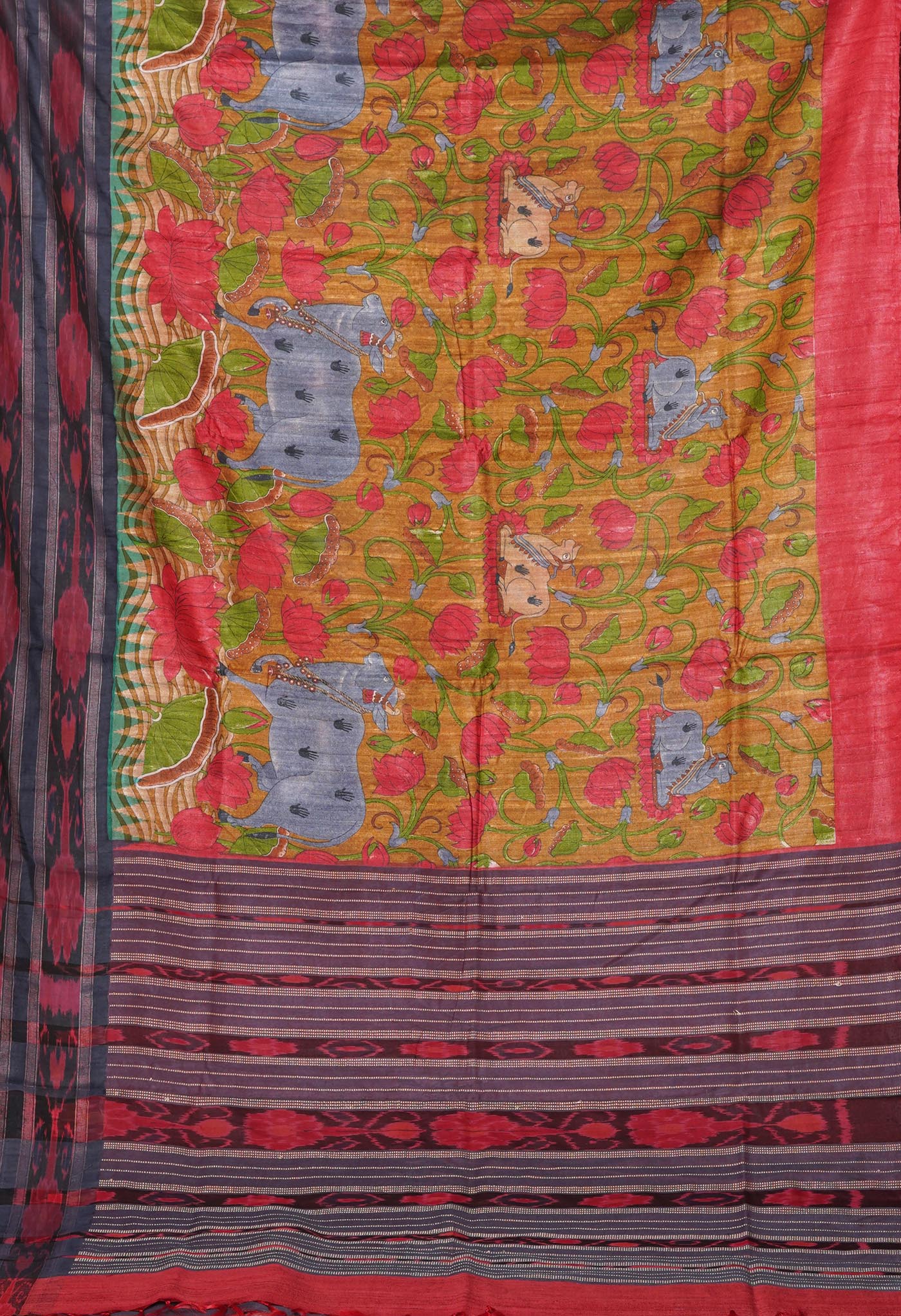 Brown Kalamkari Printed On Pure Handloom Tussar Silk Saree