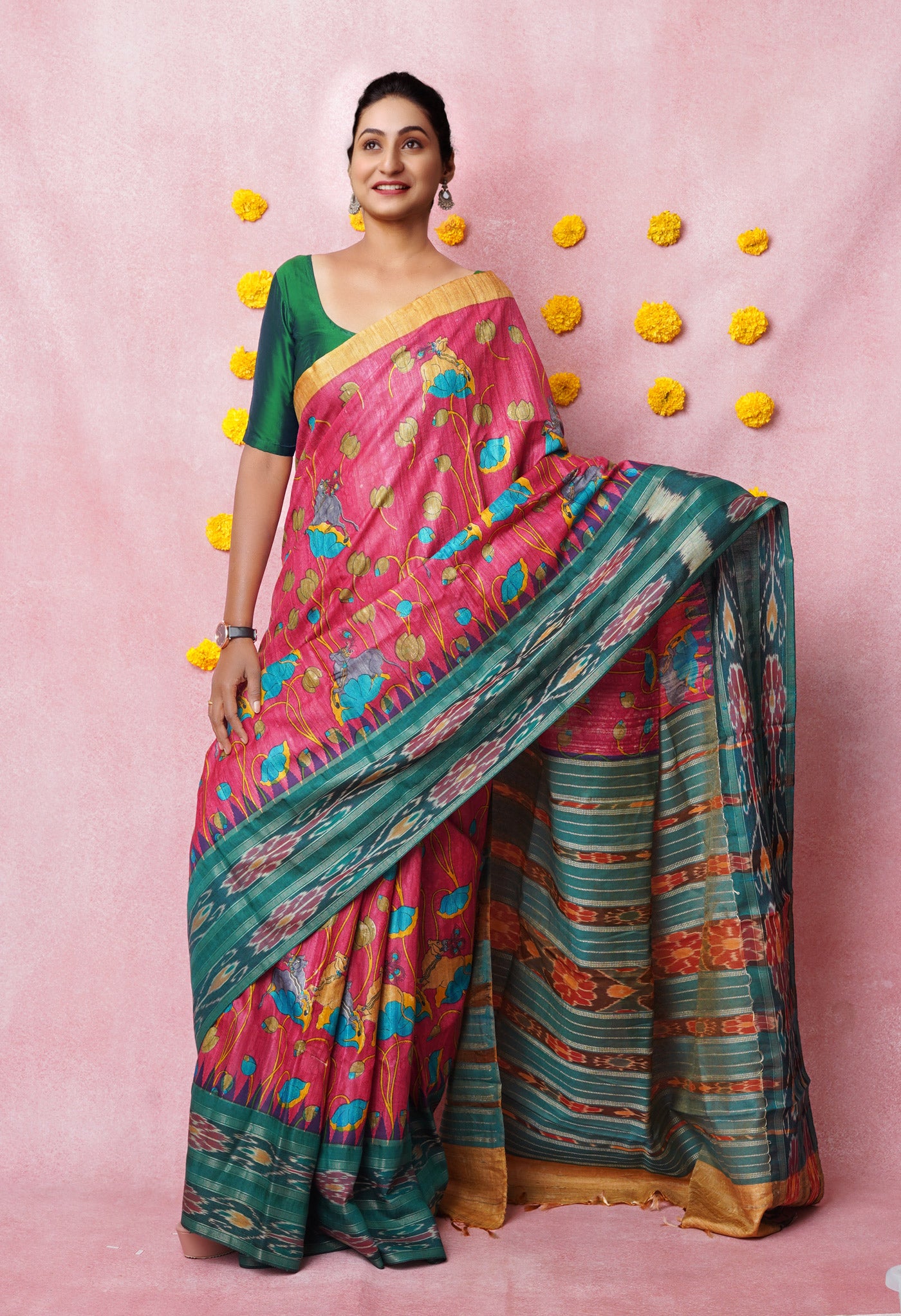 Pink Kalamkari Printed On Pure Handloom Tussar Silk Saree