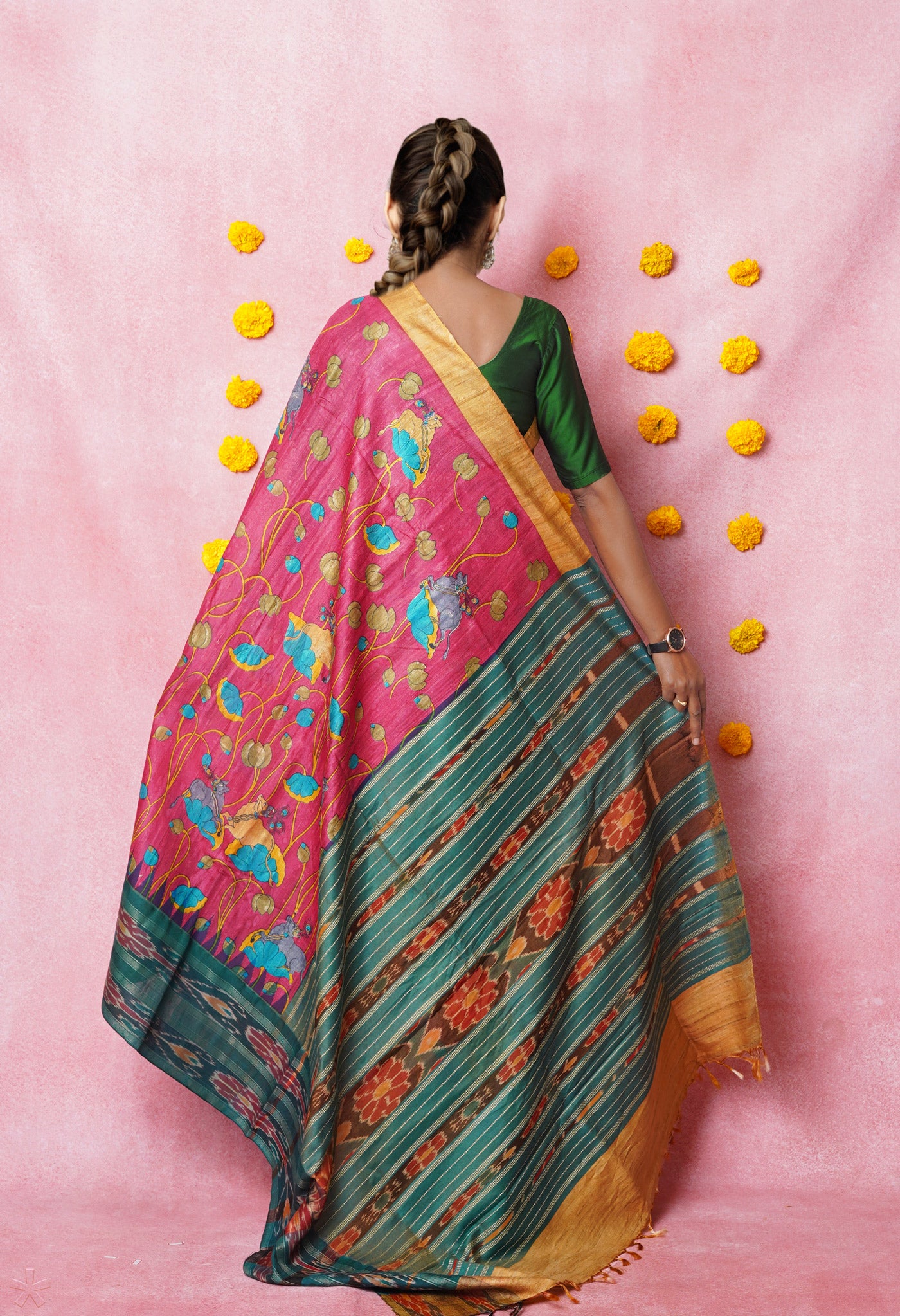 Pink Kalamkari Printed On Pure Handloom Tussar Silk Saree