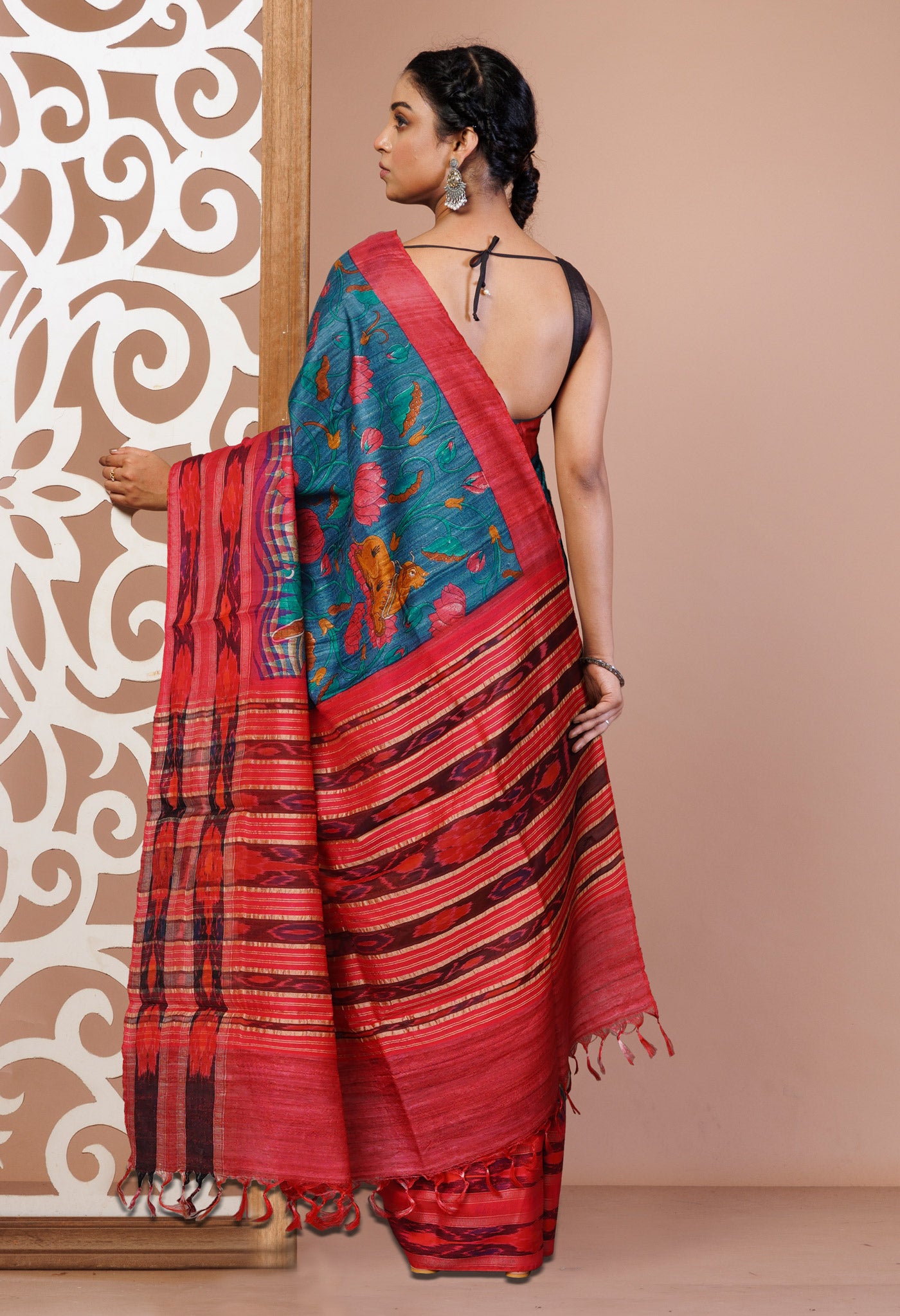 Blue Kalamkari Printed On Pure Handloom Tussar Silk Saree-UNM76052