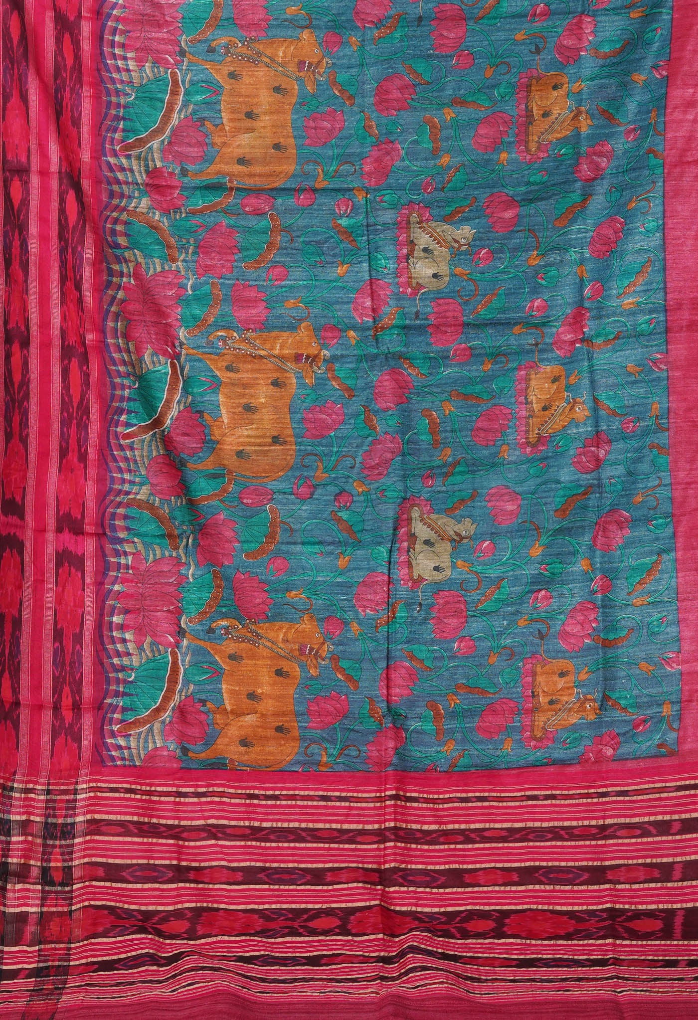 Blue Kalamkari Printed On Pure Handloom Tussar Silk Saree