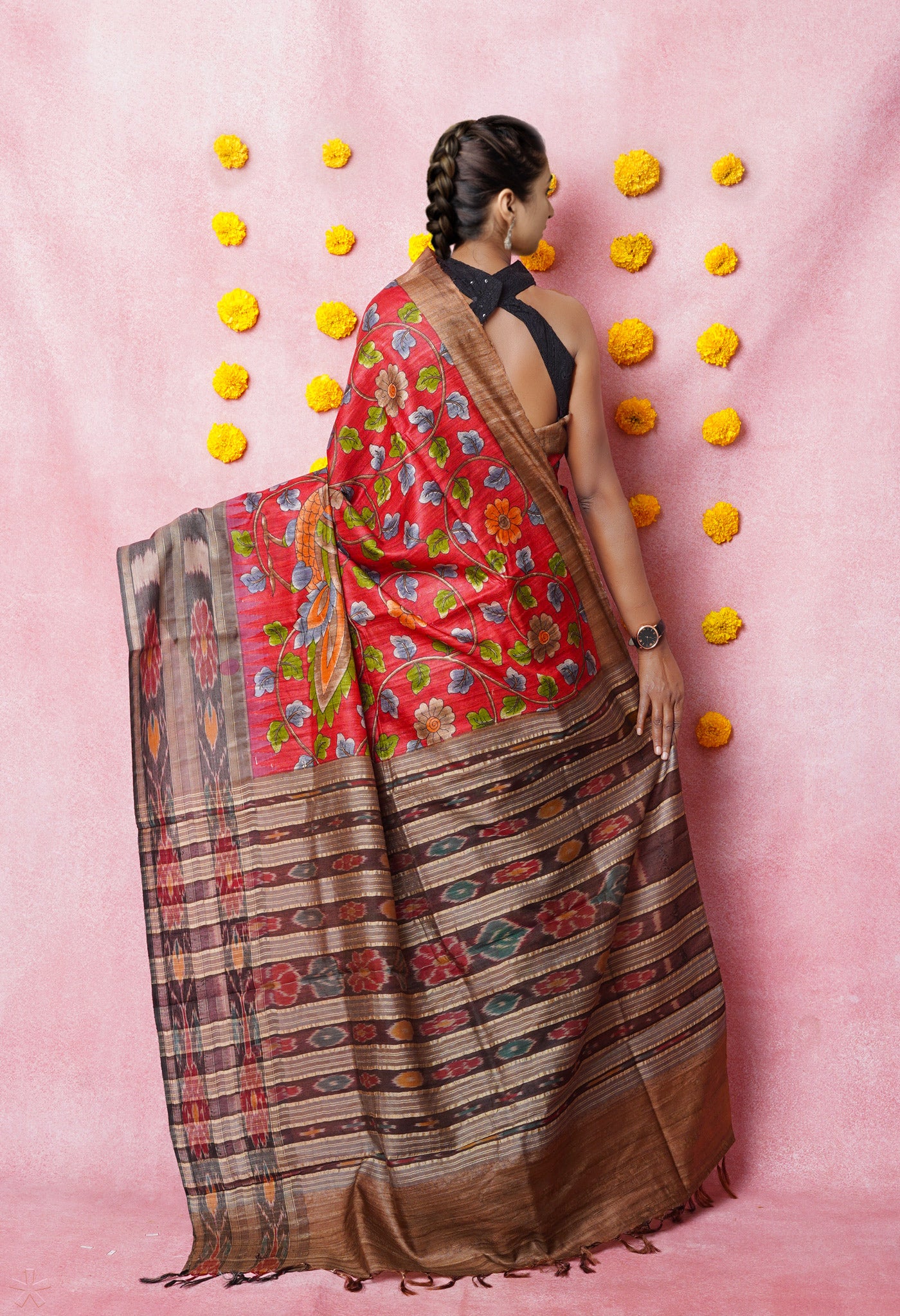Red Kalamkari Printed On Pure Handloom Tussar Silk Saree