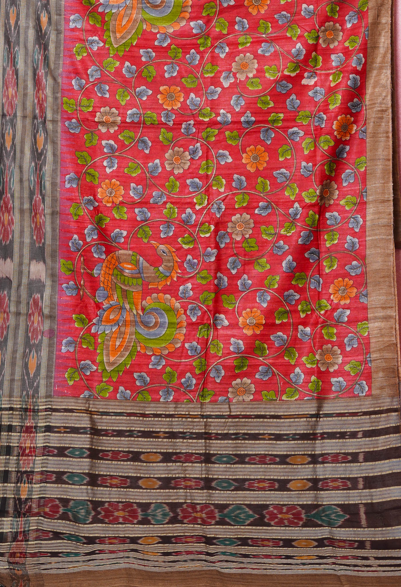 Red Kalamkari Printed On Pure Handloom Tussar Silk Saree