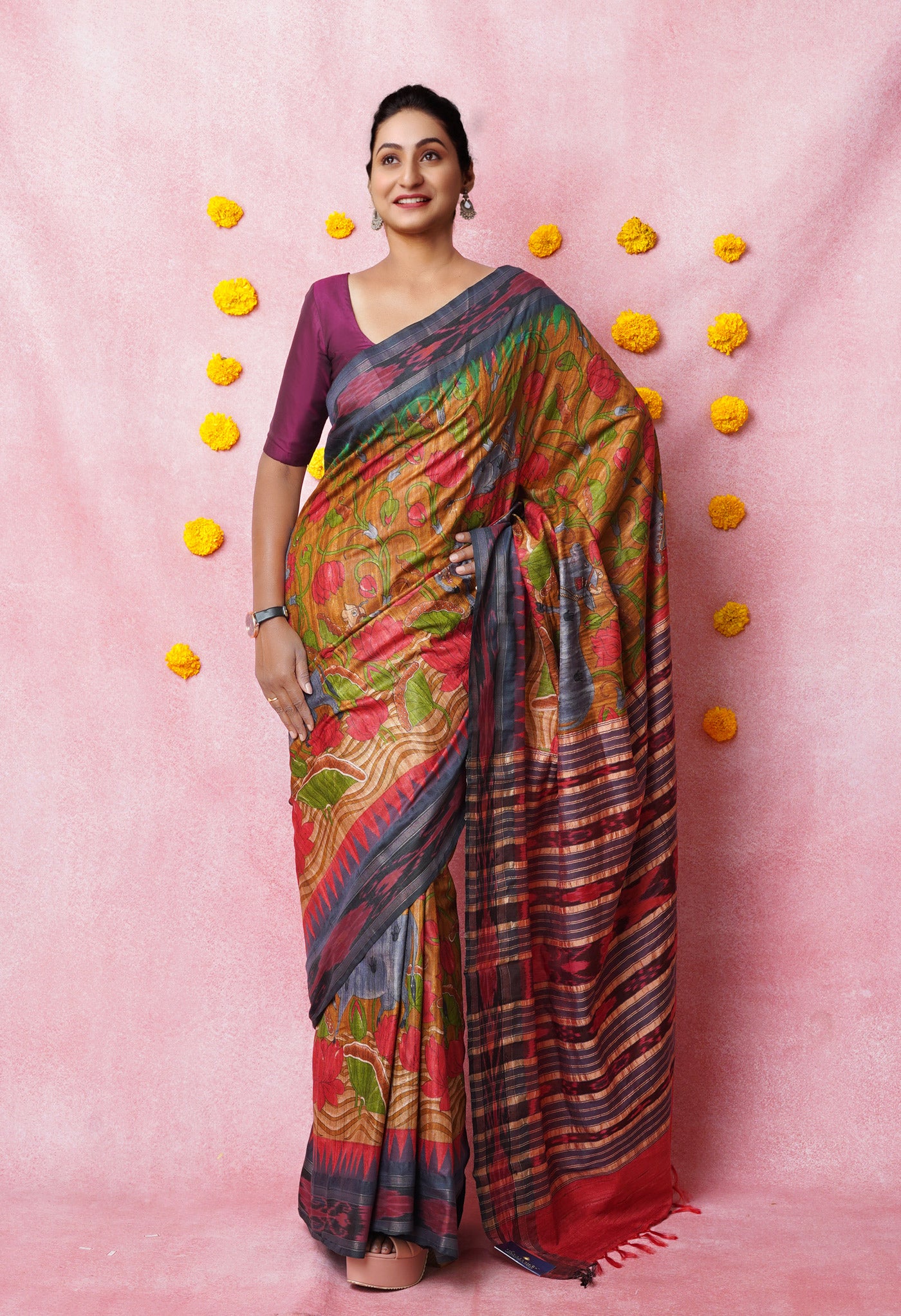 Brown Kalamkari Printed On Pure Handloom Tussar Silk Saree