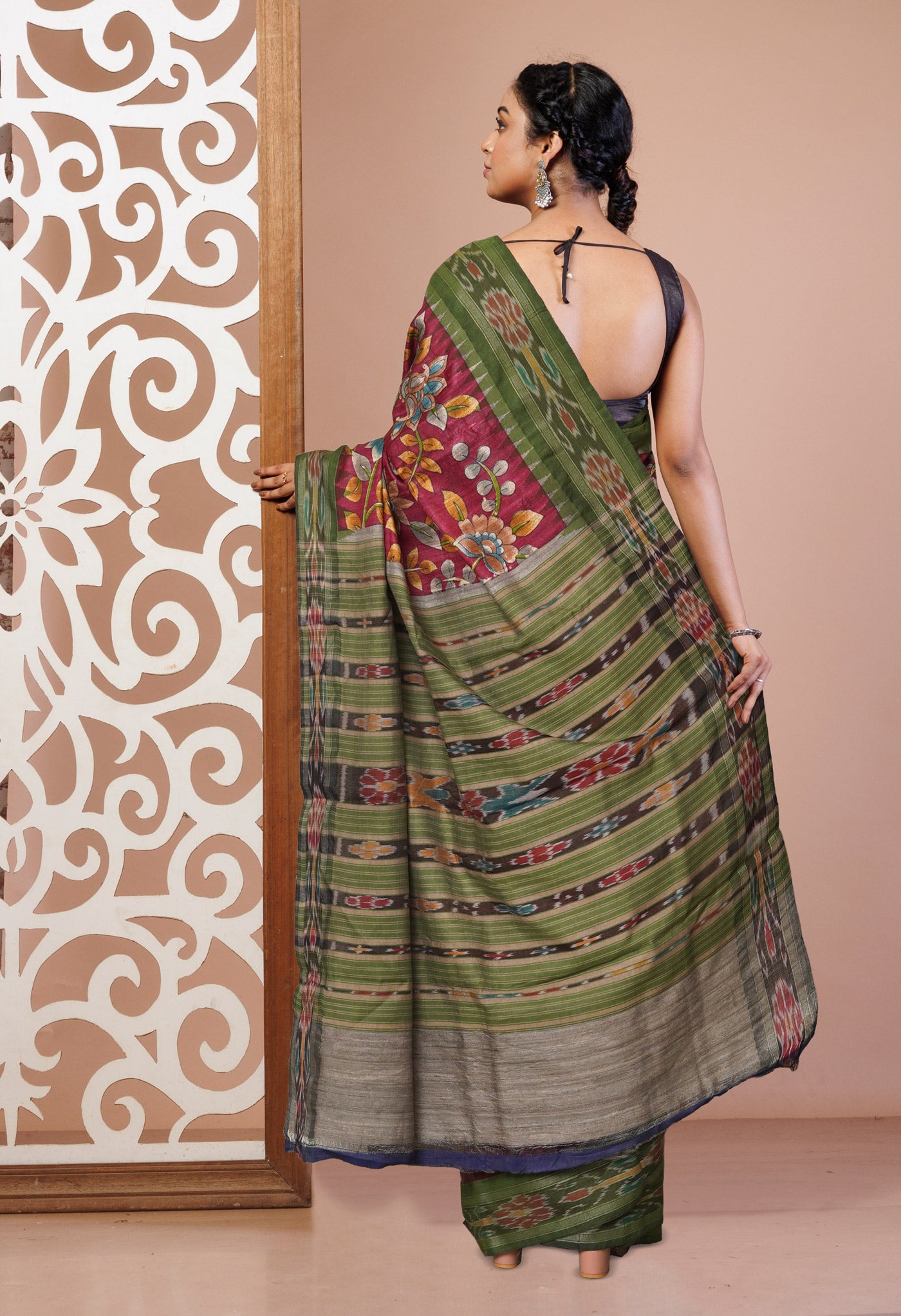 Pink Kalamkari Printed On Pure Handloom Tussar Silk Saree-UNM76057