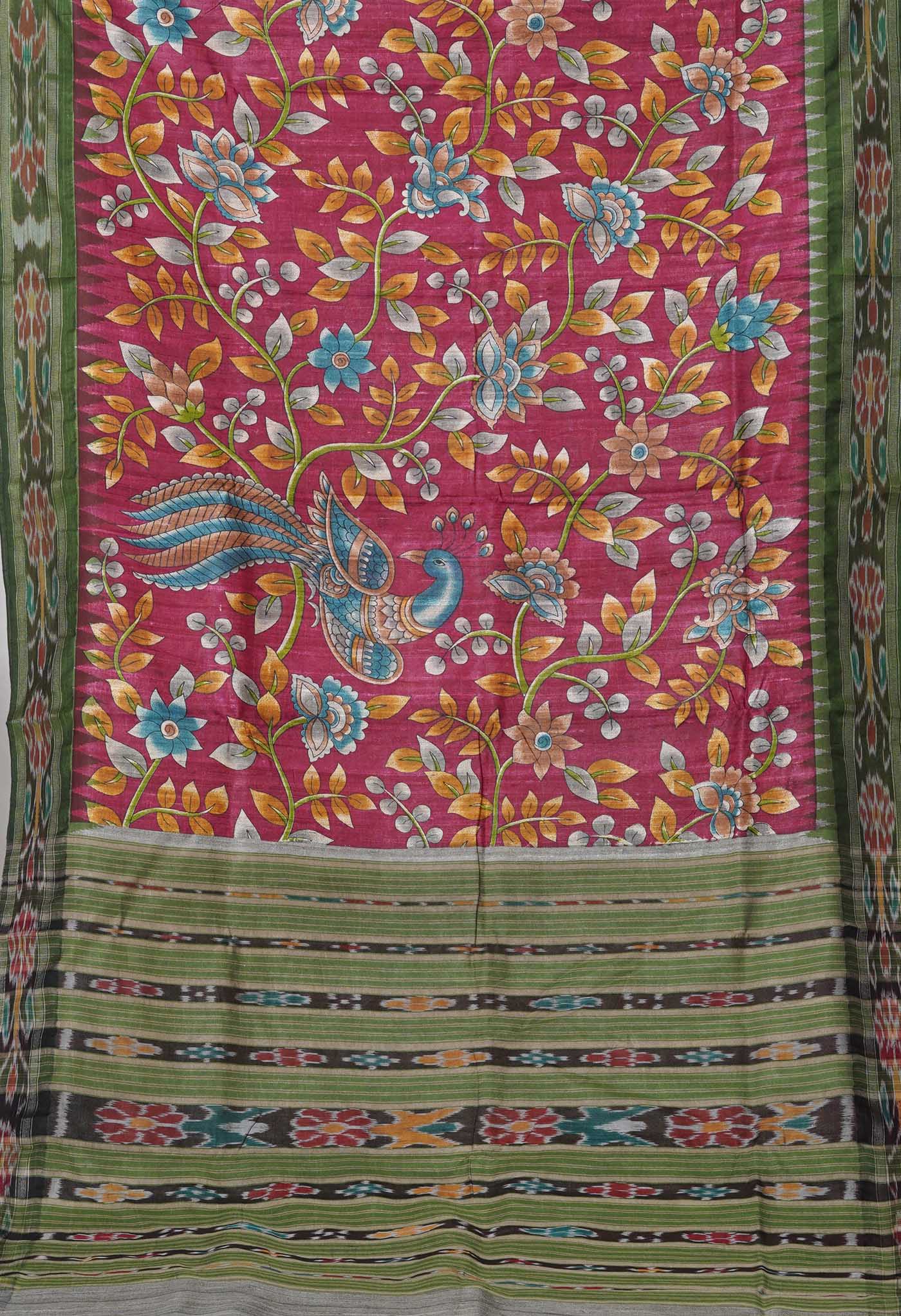 Pink Kalamkari Printed On Pure Handloom Tussar Silk Saree