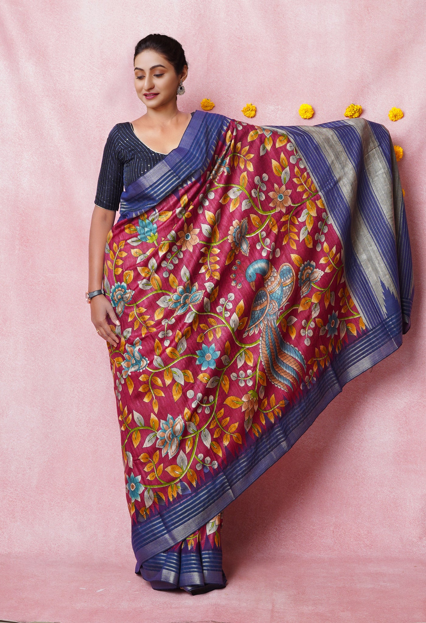 Pink Kalamkari Printed On Pure Handloom Tussar Silk Saree