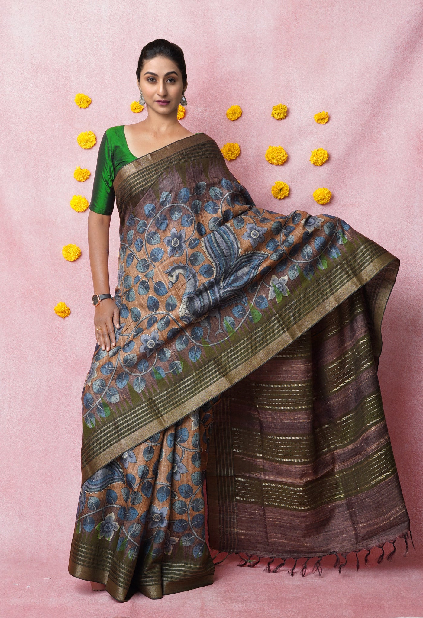 Cream Kalamkari Printed On Pure Handloom Tussar Silk Saree