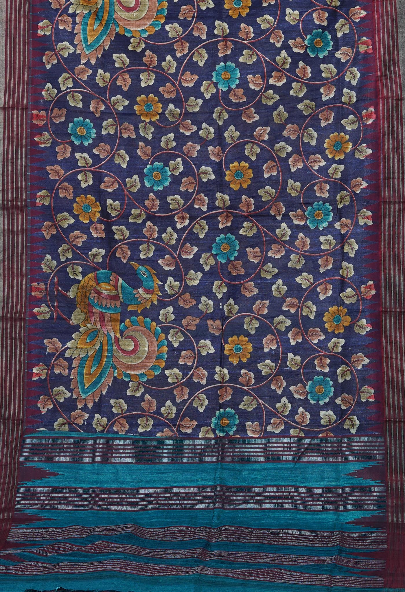 Navy Blue Kalamkari Printed On Pure Handloom Tussar Silk Saree