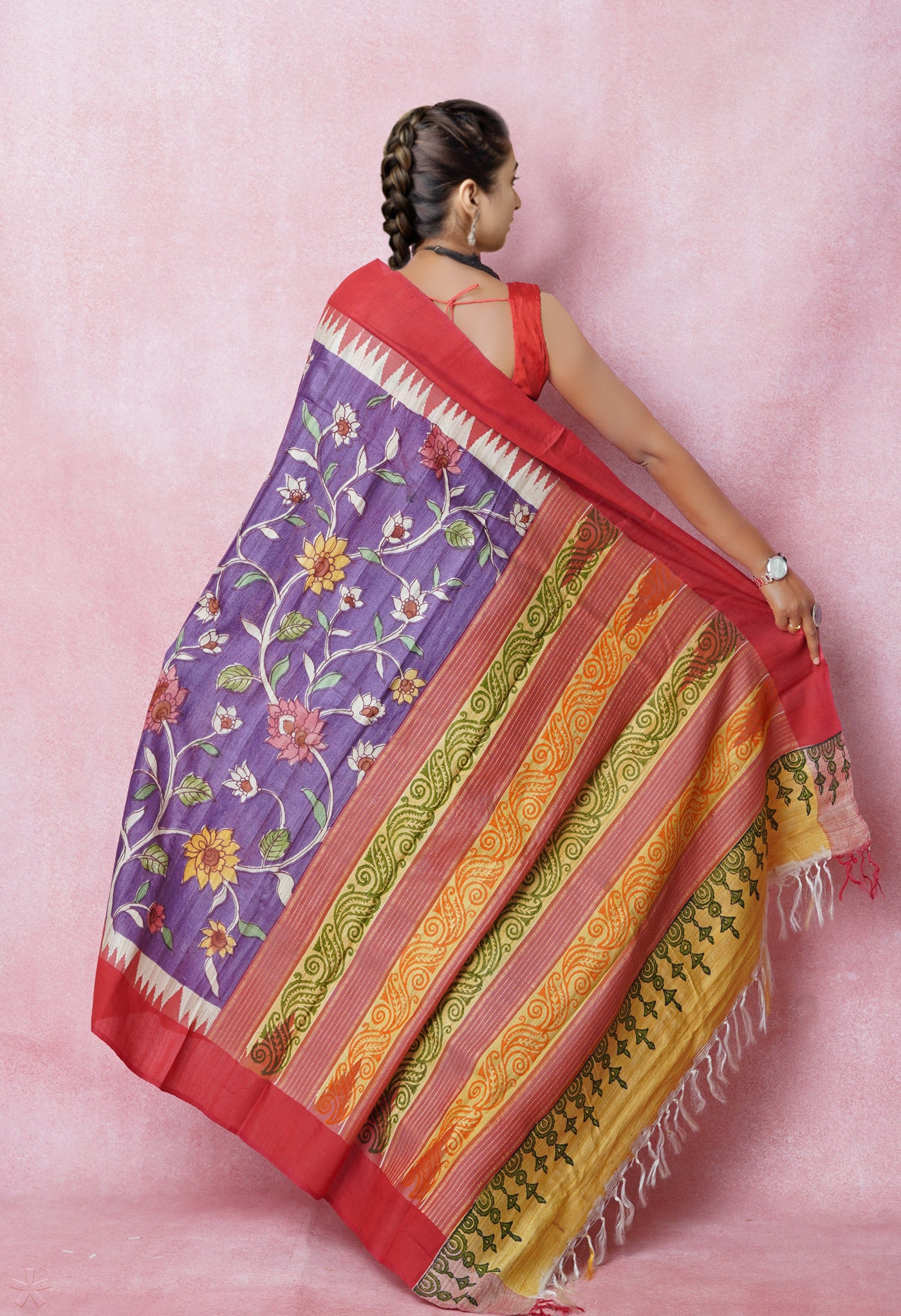 Purple Handpainted Kalamkari On Pure Handloom Tussar Silk Saree