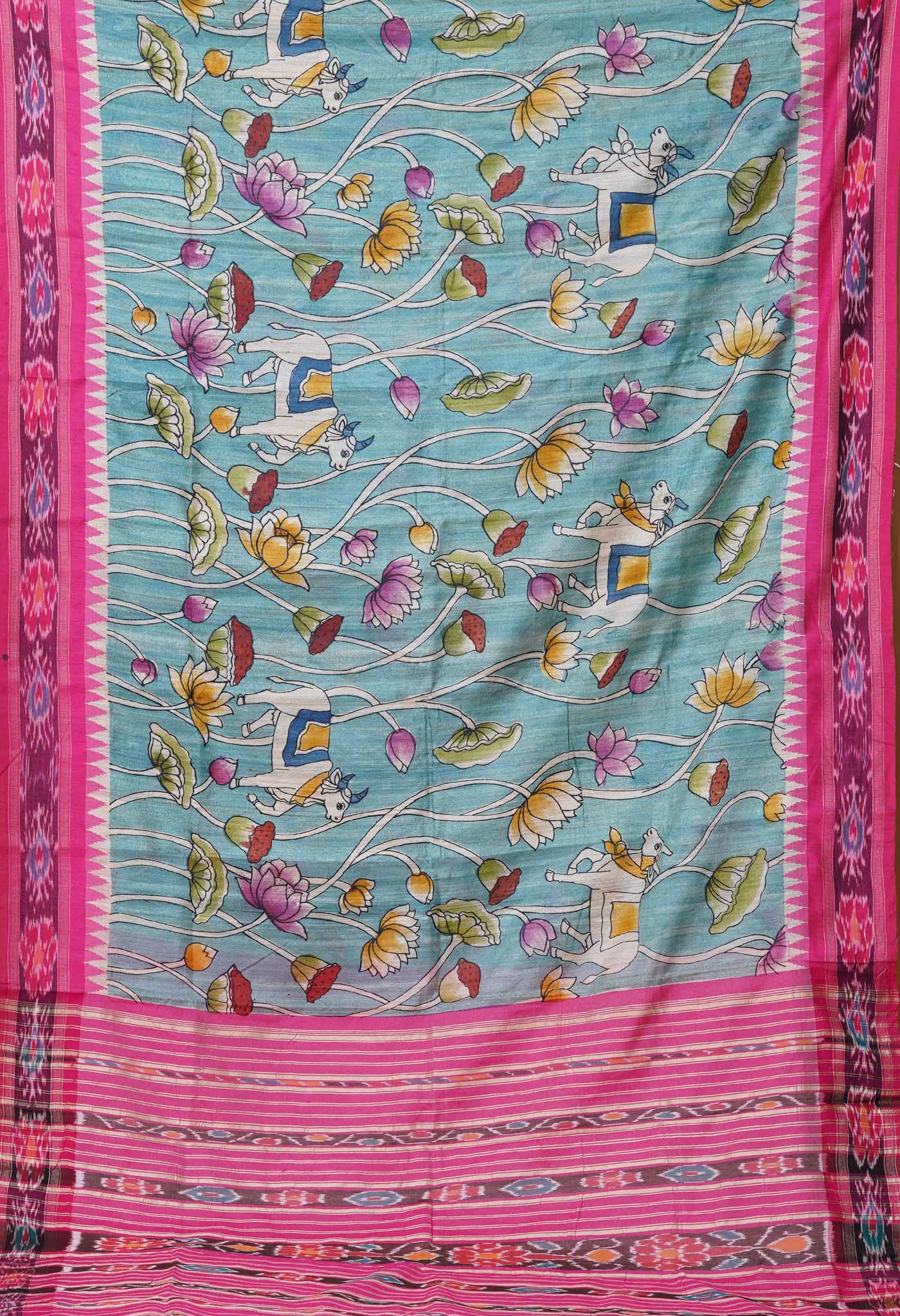 Light Blue Handpainted Kalamkari On Pure Handloom Tussar Silk Saree
