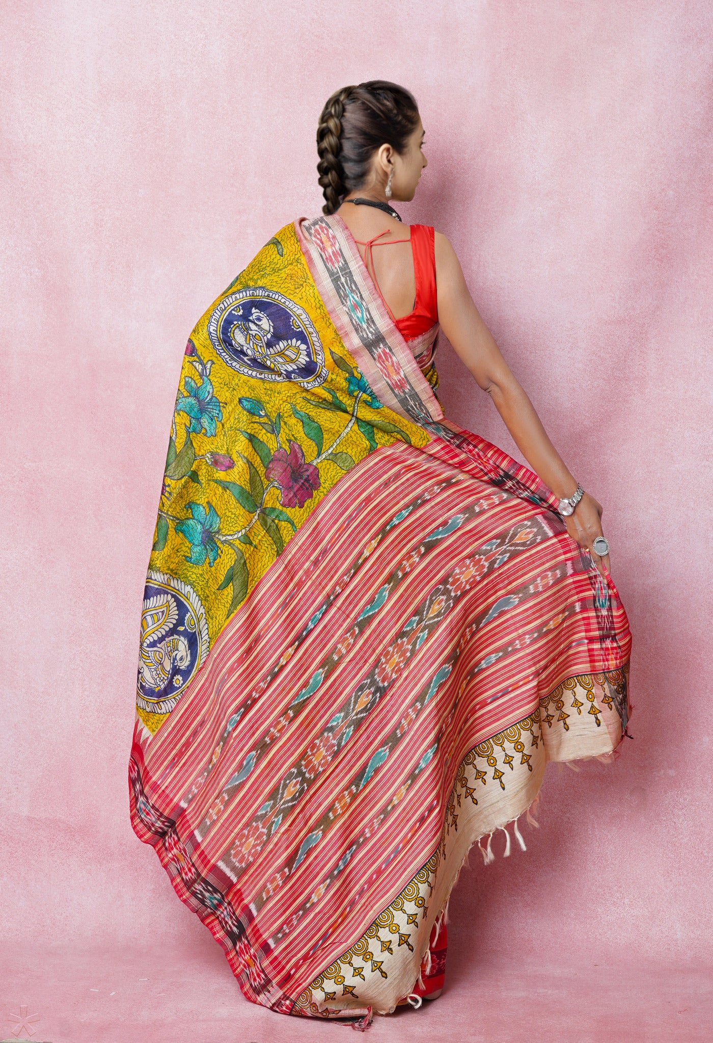 Yellow Handpainted Kalamkari On Pure Handloom Tussar Silk Saree