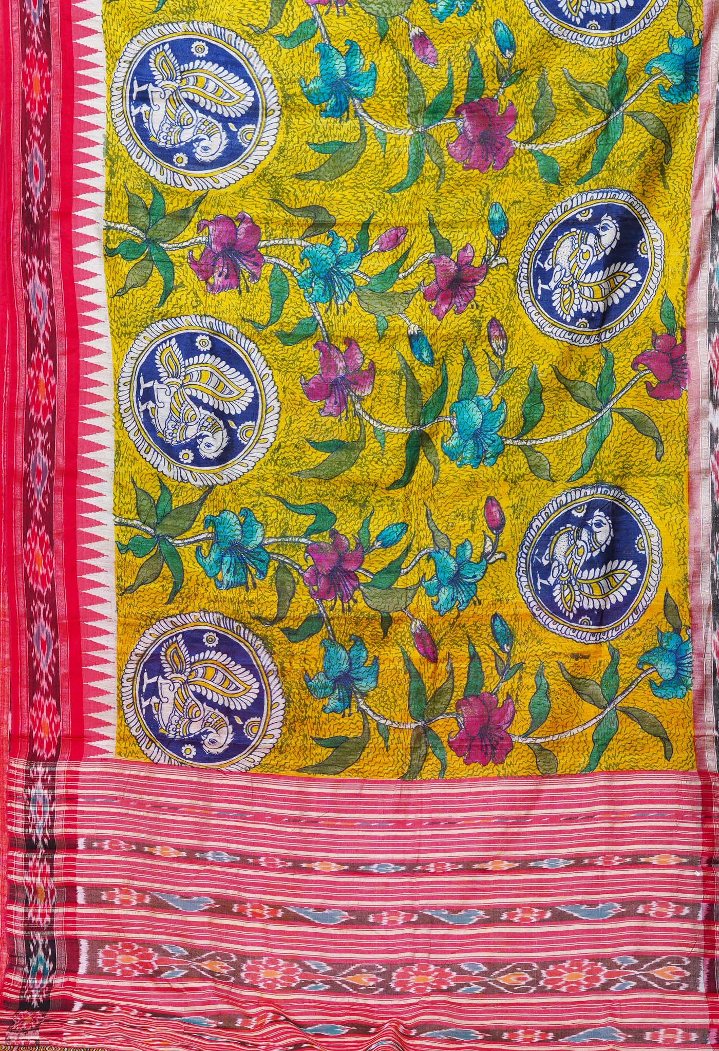 Yellow Handpainted Kalamkari On Pure Handloom Tussar Silk Saree