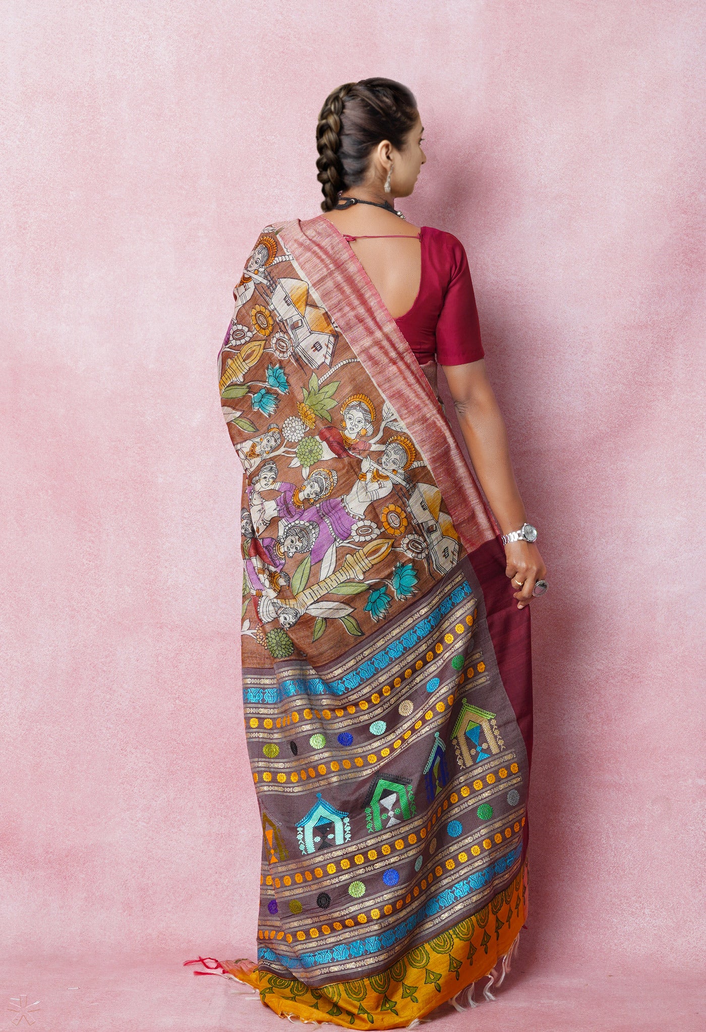 Brown Handpainted Kalamkari On Pure Handloom Tussar Silk Saree