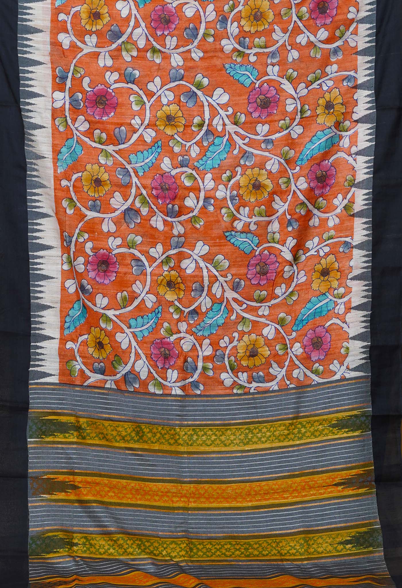 Orange Handpainted Kalamkari On Pure Handloom Tussar Silk Saree