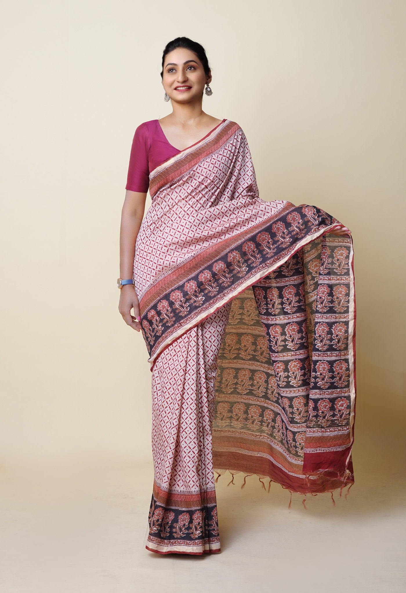 Beige Pure Traditional Bagru Printed Pashmina Chanderi Sico Saree