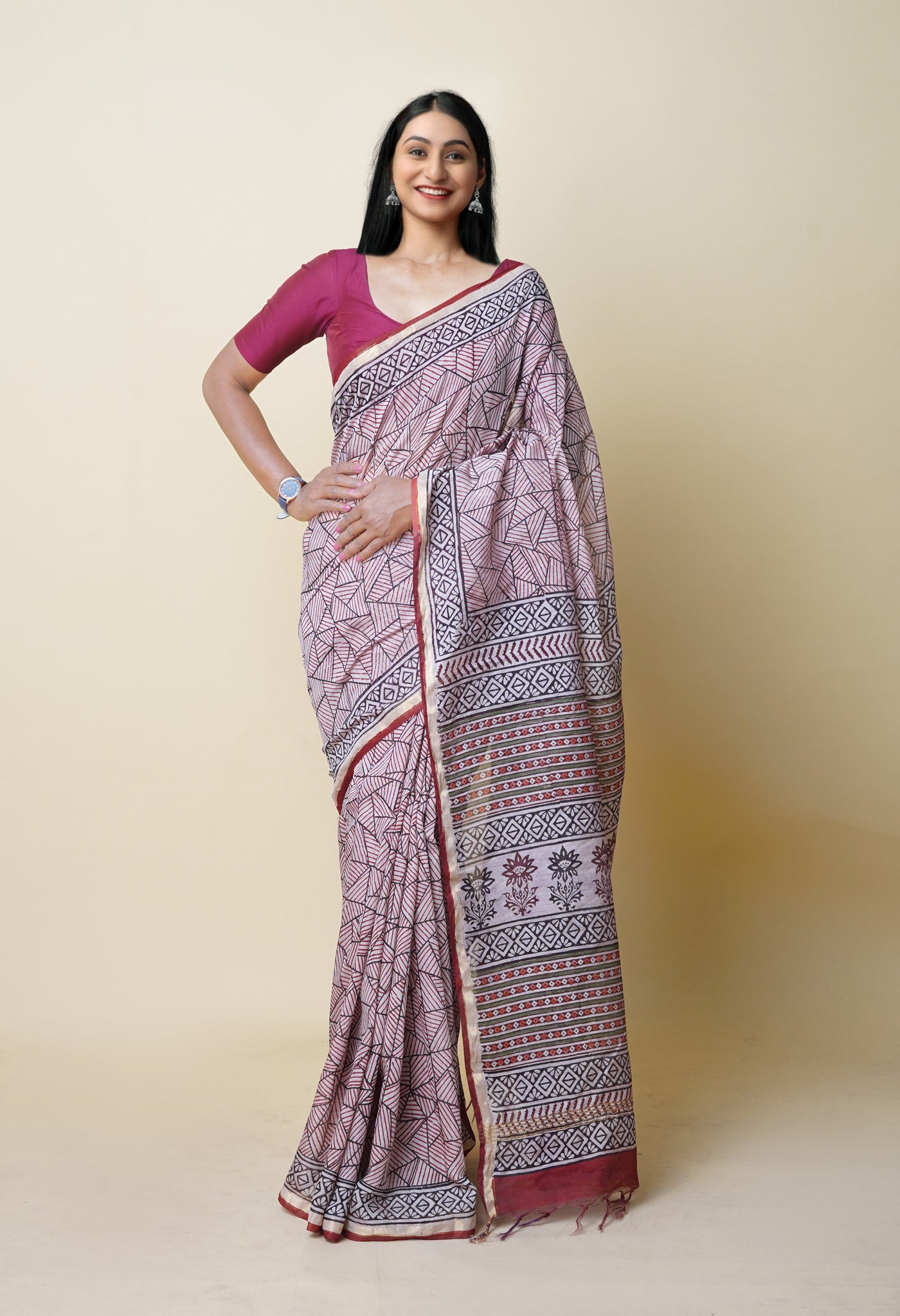 Beige Pure Traditional Bagru Printed Pashmina Chanderi Sico Saree