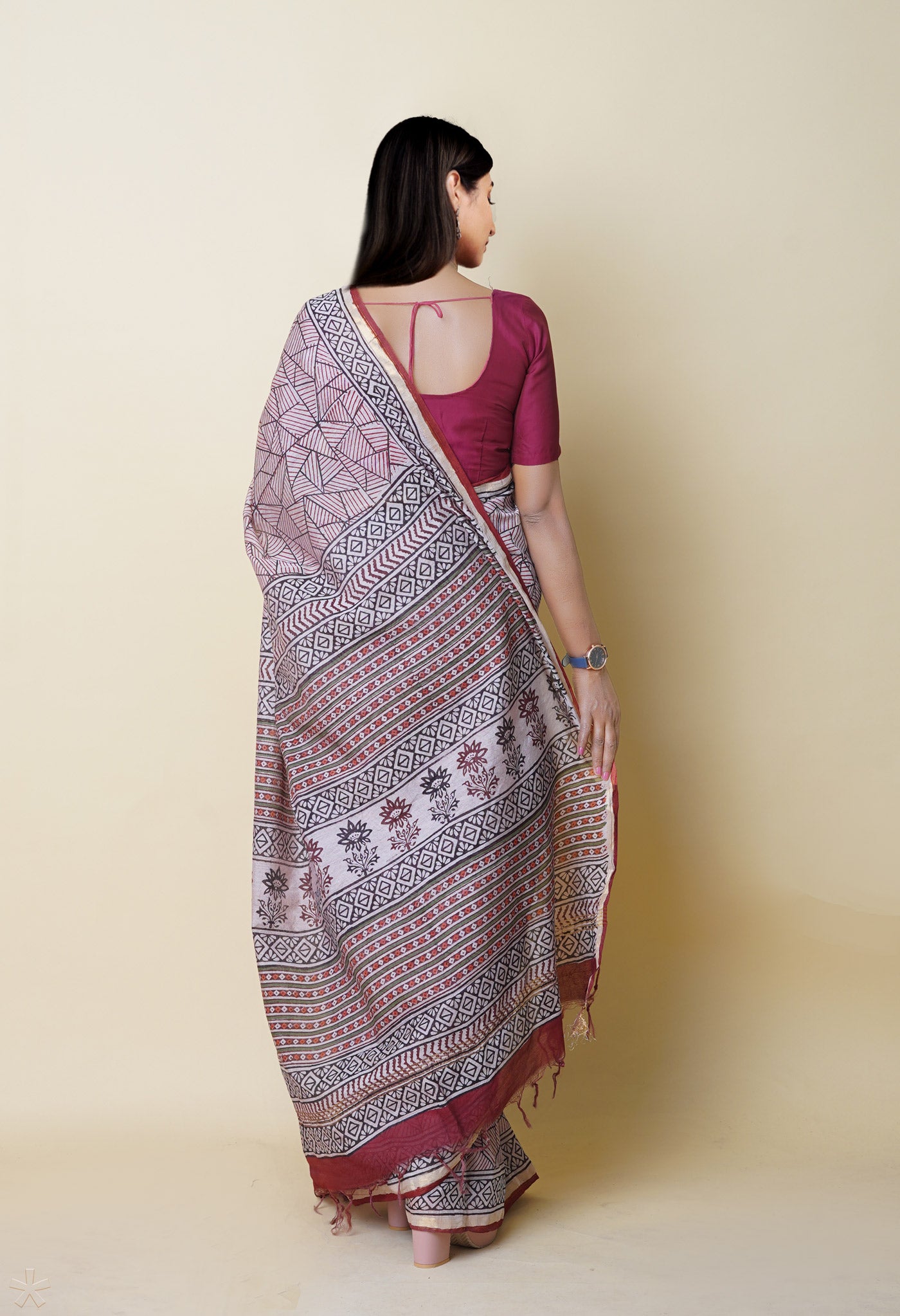 Beige Pure Traditional Bagru Printed Pashmina Chanderi Sico Saree