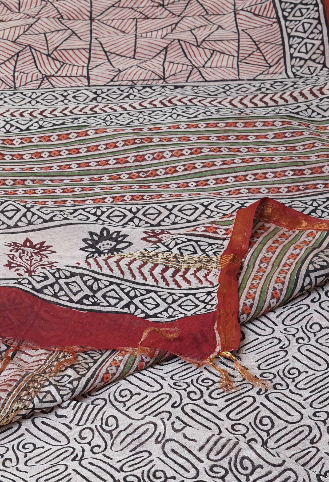 Beige Pure Traditional Bagru Printed Pashmina Chanderi Sico Saree