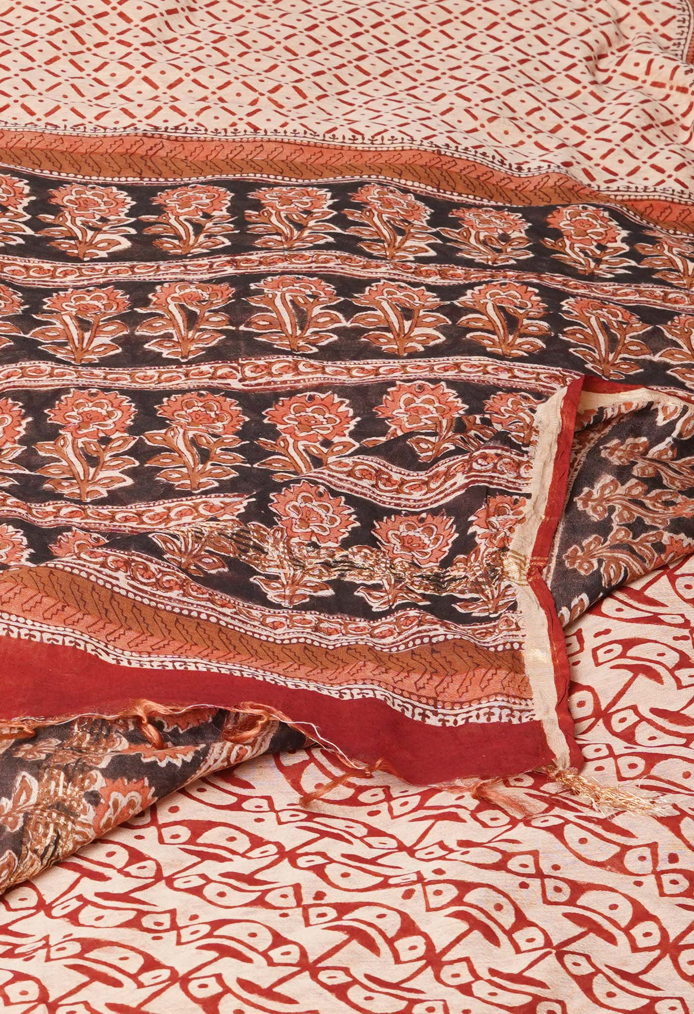 Beige Pure Traditional Bagru Printed Pashmina Chanderi Sico Saree