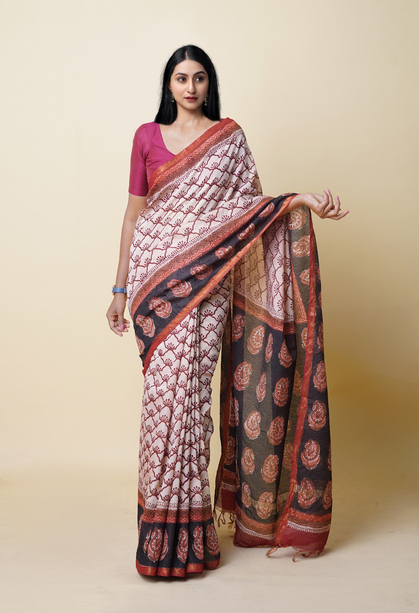 Beige Pure Traditional Bagru Printed Pashmina Chanderi Sico Saree