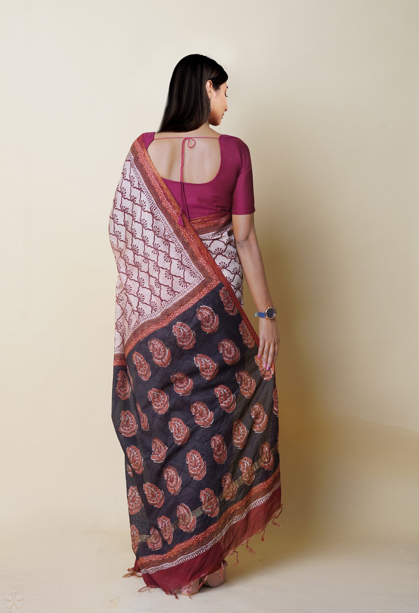 Beige Pure Traditional Bagru Printed Pashmina Chanderi Sico Saree